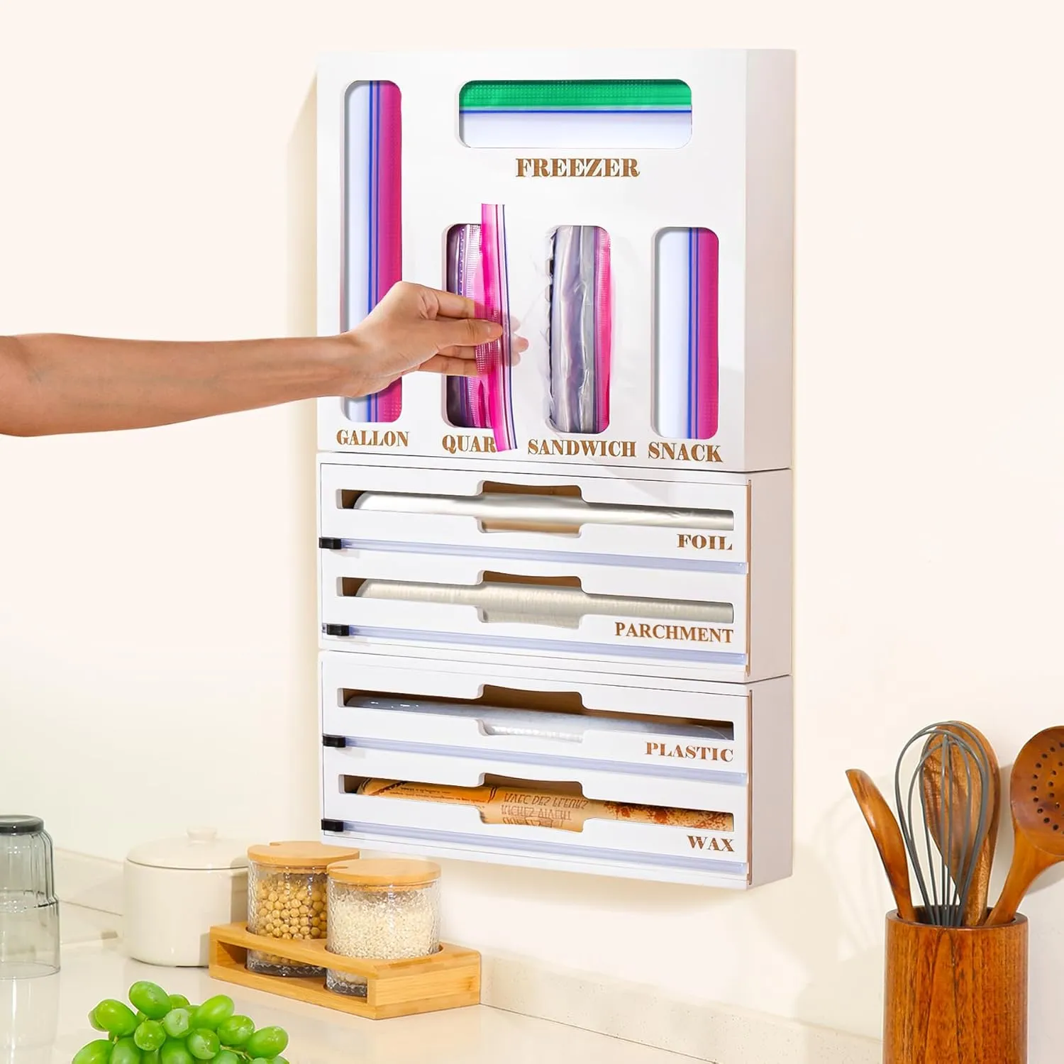 Calmbee Storage Bag Organizer and Wrap Dispenser with Cutter, 9 in 1 Bamboo Foil and Plastic Wrap Organizer for Kitchen Drawer, Plastic Bag Organizer for Gallon, Quart, Sandwich (White, Large)