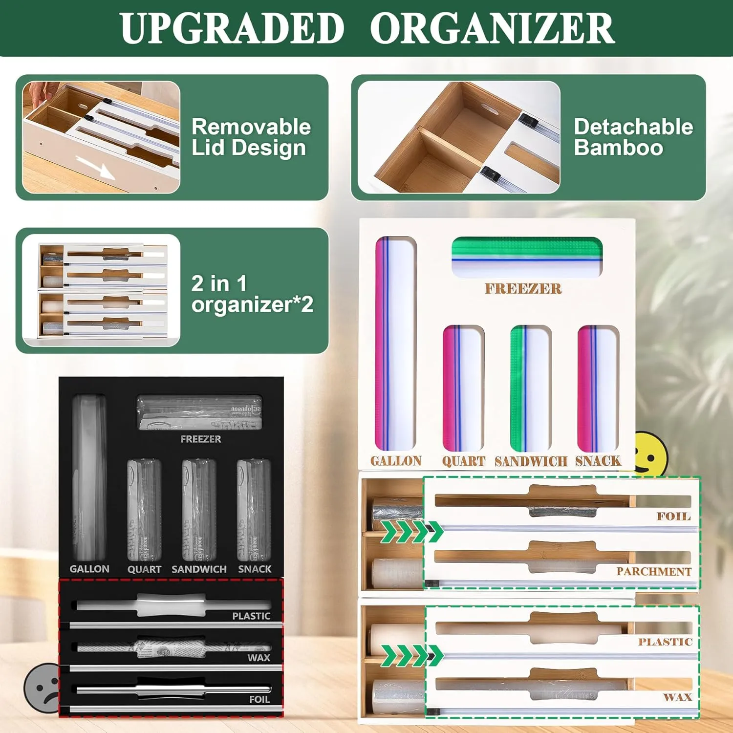 Calmbee Storage Bag Organizer and Wrap Dispenser with Cutter, 9 in 1 Bamboo Foil and Plastic Wrap Organizer for Kitchen Drawer, Plastic Bag Organizer for Gallon, Quart, Sandwich (White, Large)