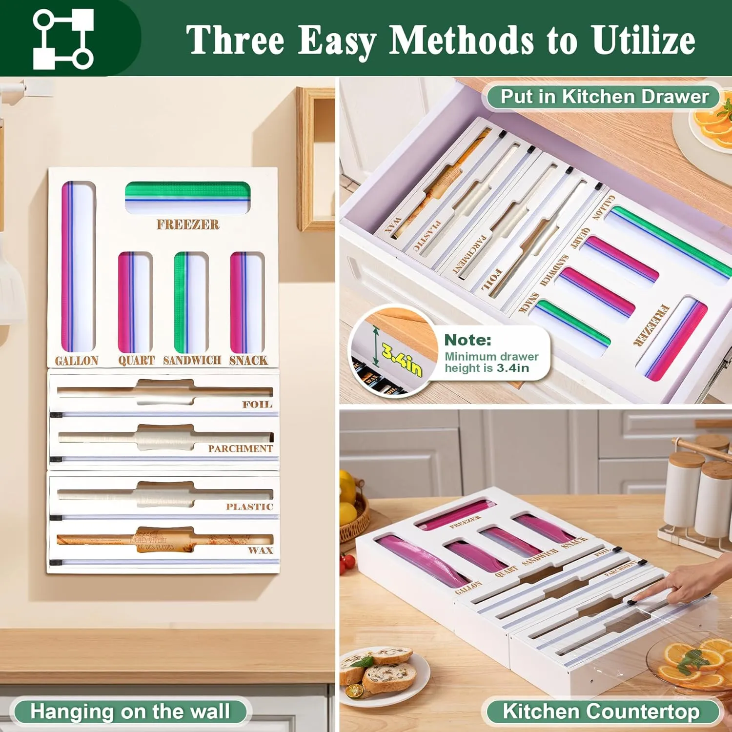 Calmbee Storage Bag Organizer and Wrap Dispenser with Cutter, 9 in 1 Bamboo Foil and Plastic Wrap Organizer for Kitchen Drawer, Plastic Bag Organizer for Gallon, Quart, Sandwich (White, Large)