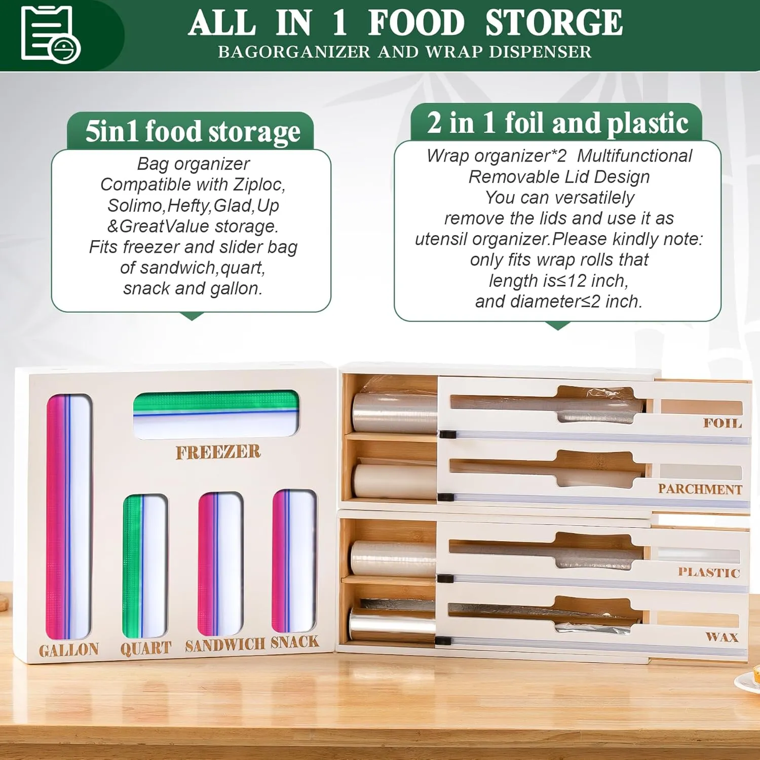 Calmbee Storage Bag Organizer and Wrap Dispenser with Cutter, 9 in 1 Bamboo Foil and Plastic Wrap Organizer for Kitchen Drawer, Plastic Bag Organizer for Gallon, Quart, Sandwich (White, Large)
