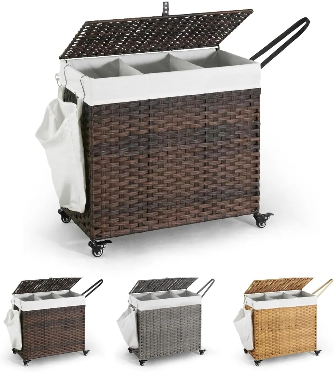 CAPHAUS Laundry Basket w/Wheels, Synthetic Rattan Laundry Hamper w/Lid, Removable Liner Bags, Mesh Bags, Pulling Strap, Clothes Hamper for Laundry, Basket w/Lid for Storage, 160L, Brown