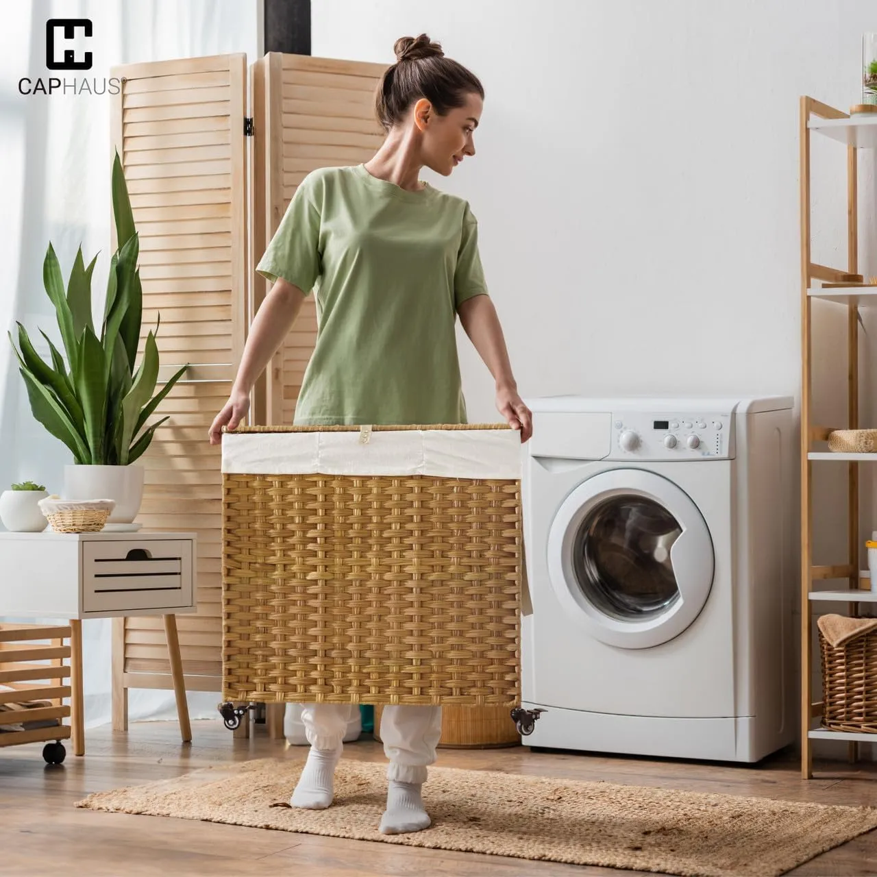 CAPHAUS Laundry Basket w/Wheels, Synthetic Rattan Laundry Hamper w/Lid, Removable Liner Bags, Mesh Bags, Pulling Strap, Clothes Hamper for Laundry, Basket w/Lid for Storage, 160L, Brown