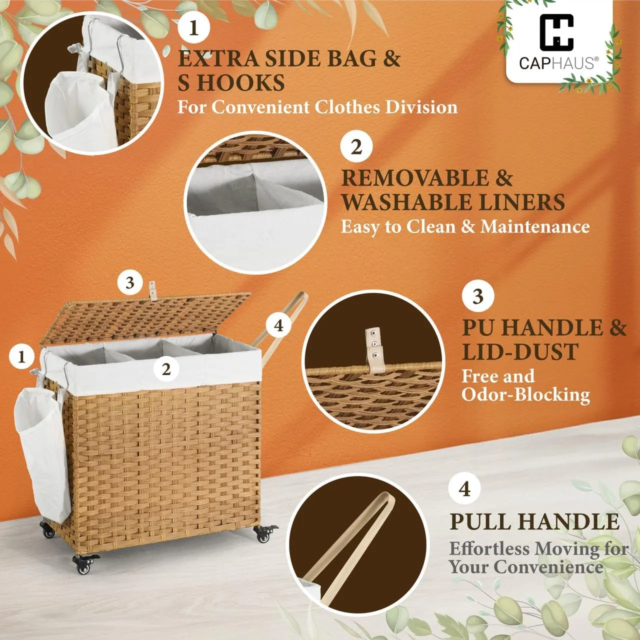 CAPHAUS Laundry Basket w/Wheels, Synthetic Rattan Laundry Hamper w/Lid, Removable Liner Bags, Mesh Bags, Pulling Strap, Clothes Hamper for Laundry, Basket w/Lid for Storage, 160L, Brown