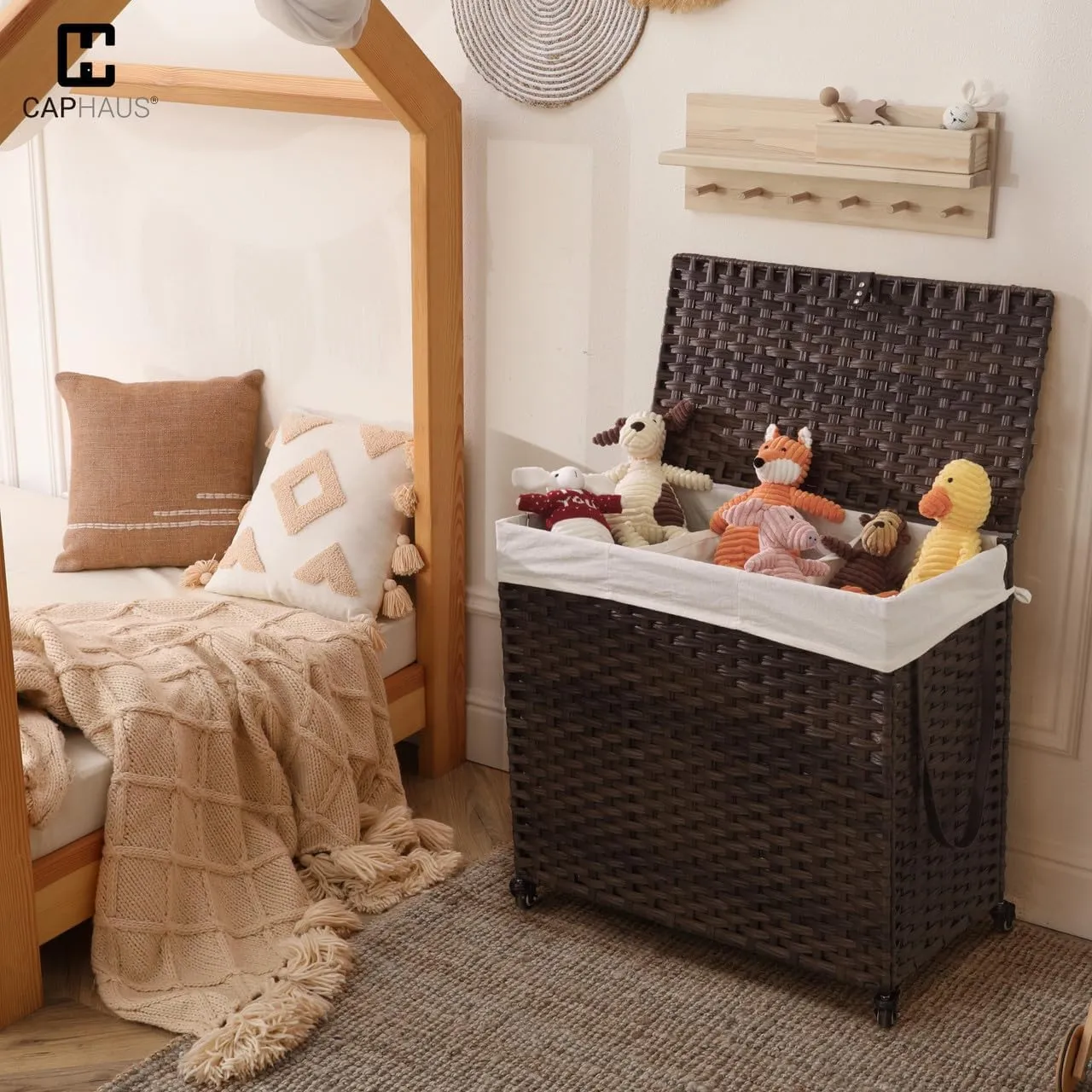 CAPHAUS Laundry Basket w/Wheels, Synthetic Rattan Laundry Hamper w/Lid, Removable Liner Bags, Mesh Bags, Pulling Strap, Clothes Hamper for Laundry, Basket w/Lid for Storage, 160L, Brown
