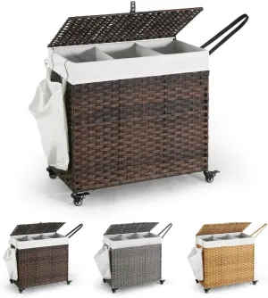CAPHAUS Laundry Basket w/Wheels, Synthetic Rattan Laundry Hamper w/Lid, Removable Liner Bags, Mesh Bags, Pulling Strap, Clothes Hamper for Laundry, Basket w/Lid for Storage, 160L, Brown