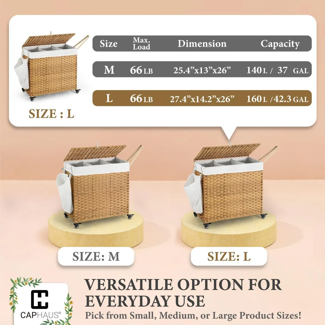 CAPHAUS Laundry Basket w/Wheels, Synthetic Rattan Laundry Hamper w/Lid, Removable Liner Bags, Mesh Bags, Pulling Strap, Clothes Hamper for Laundry, Basket w/Lid for Storage, 160L, Brown