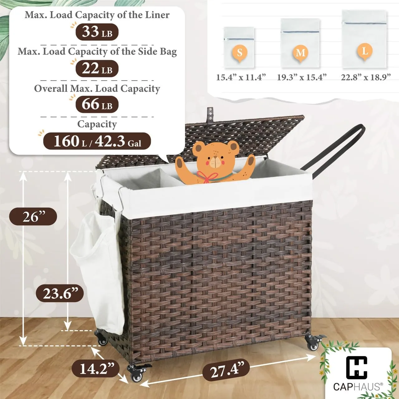 CAPHAUS Laundry Basket w/Wheels, Synthetic Rattan Laundry Hamper w/Lid, Removable Liner Bags, Mesh Bags, Pulling Strap, Clothes Hamper for Laundry, Basket w/Lid for Storage, 160L, Brown