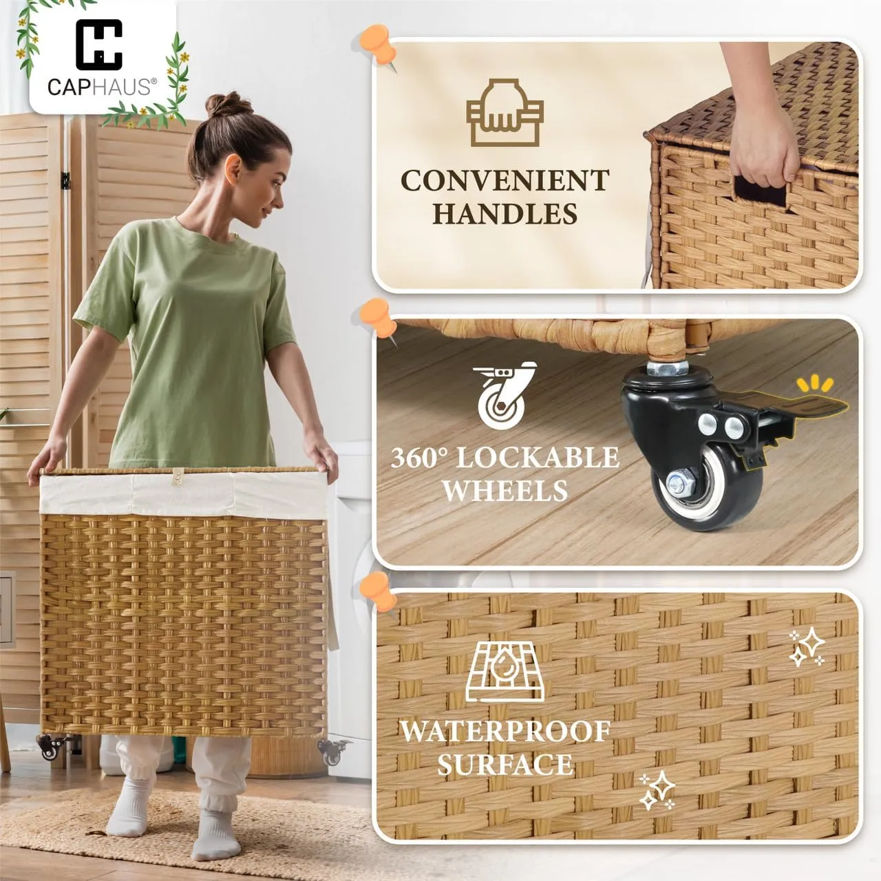 CAPHAUS Laundry Basket w/Wheels, Synthetic Rattan Laundry Hamper w/Lid, Removable Liner Bags, Mesh Bags, Pulling Strap, Clothes Hamper for Laundry, Basket w/Lid for Storage, 160L, Brown