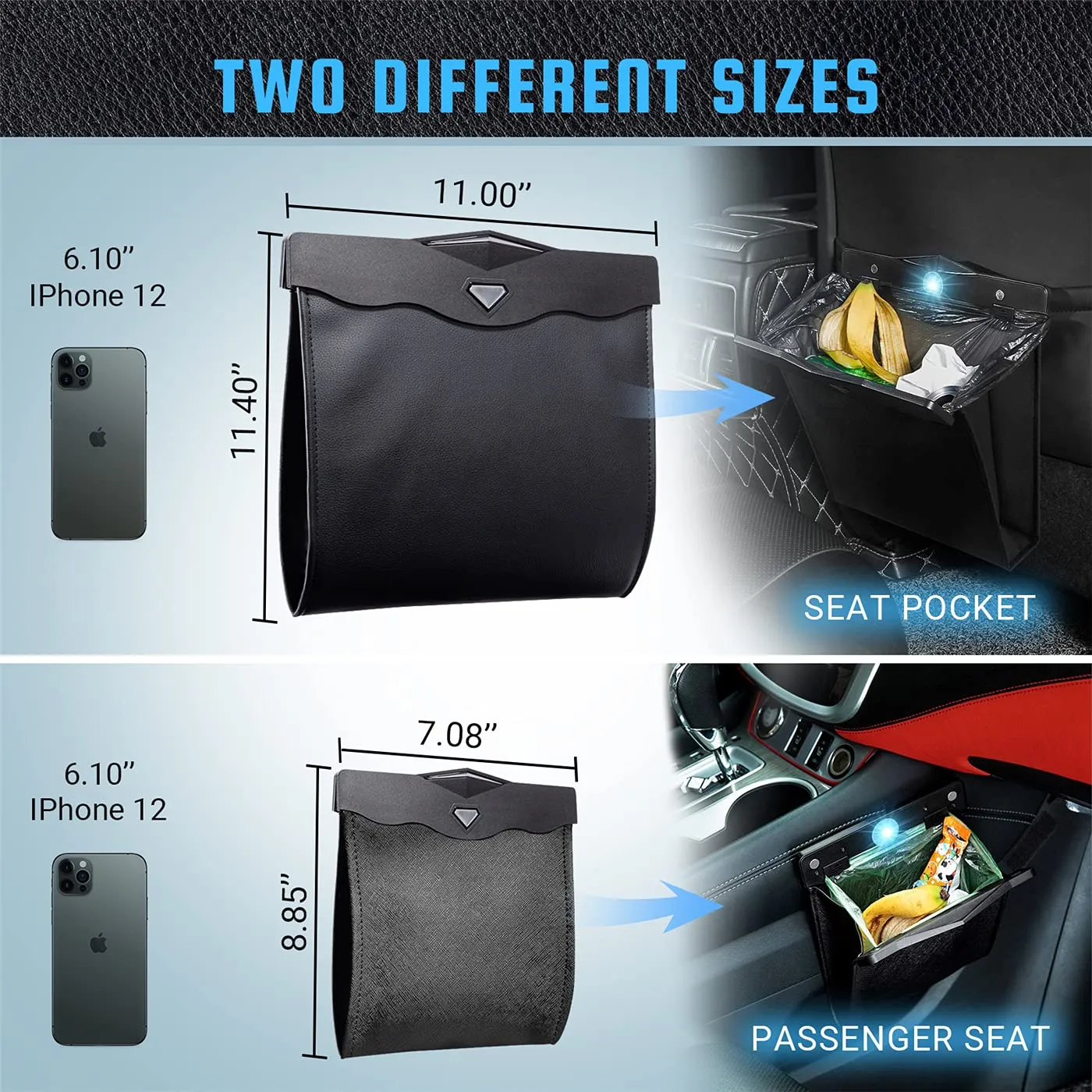 Car Trash Bag, Superior PU Leather with LED Light and Magnet Closure Design, Bundle with Tissue Box and 30 Disposable Inner Garbage Bags, Waterproof Vehicle Rubbish Container Garbage Can