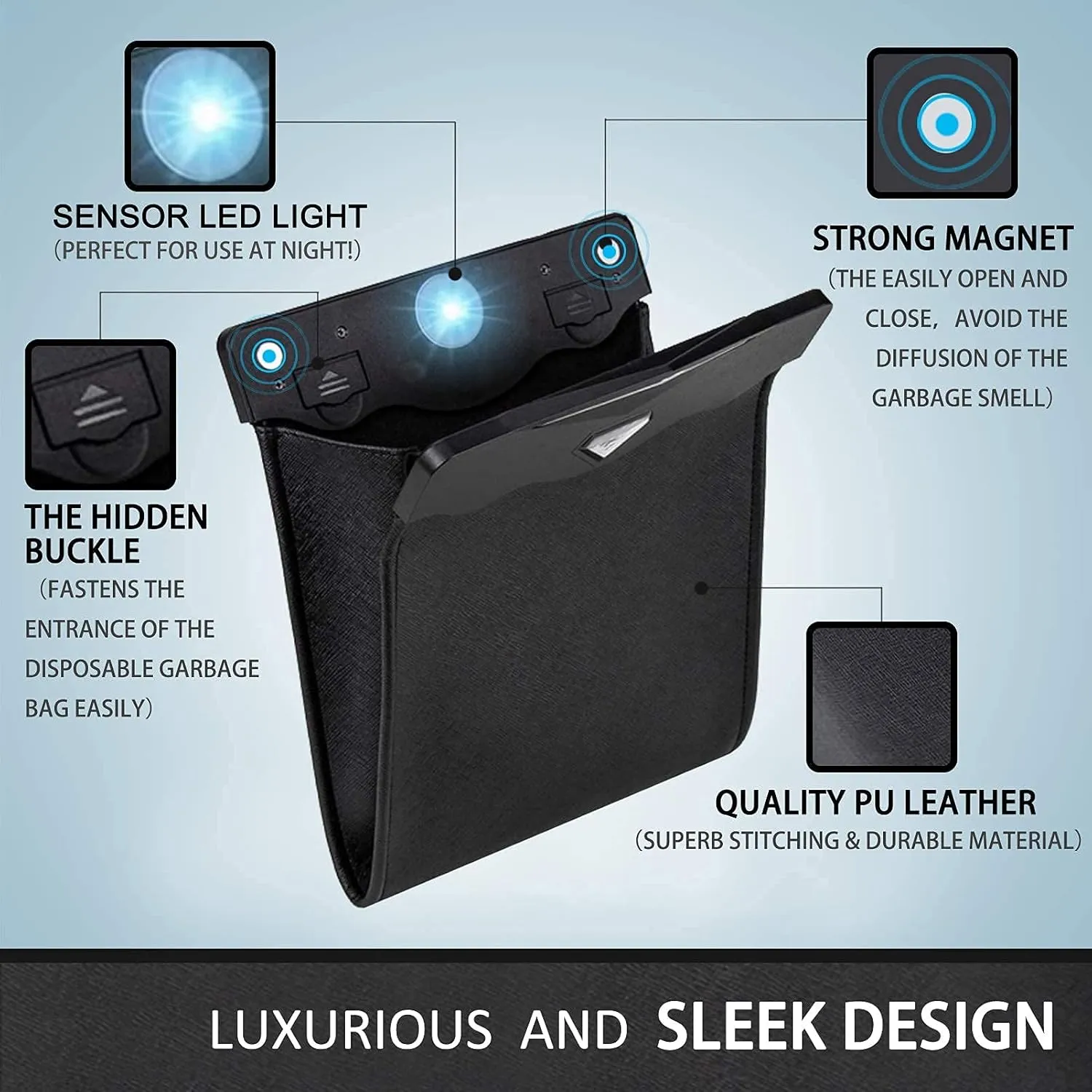 Car Trash Bag, Superior PU Leather with LED Light and Magnet Closure Design, Bundle with Tissue Box and 30 Disposable Inner Garbage Bags, Waterproof Vehicle Rubbish Container Garbage Can