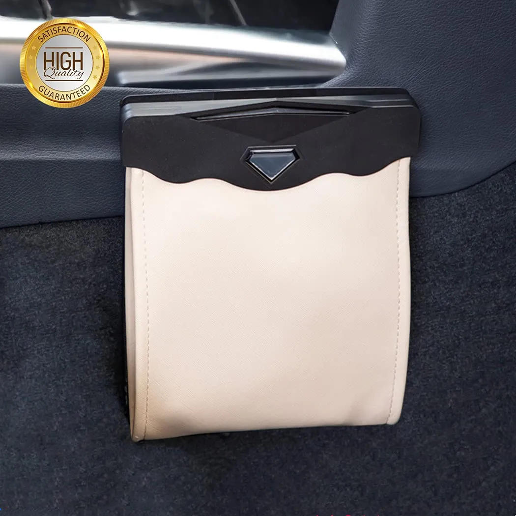 Car Trash Bag, Superior PU Leather with LED Light and Magnet Closure Design, Bundle with Tissue Box and 30 Disposable Inner Garbage Bags, Waterproof Vehicle Rubbish Container Garbage Can