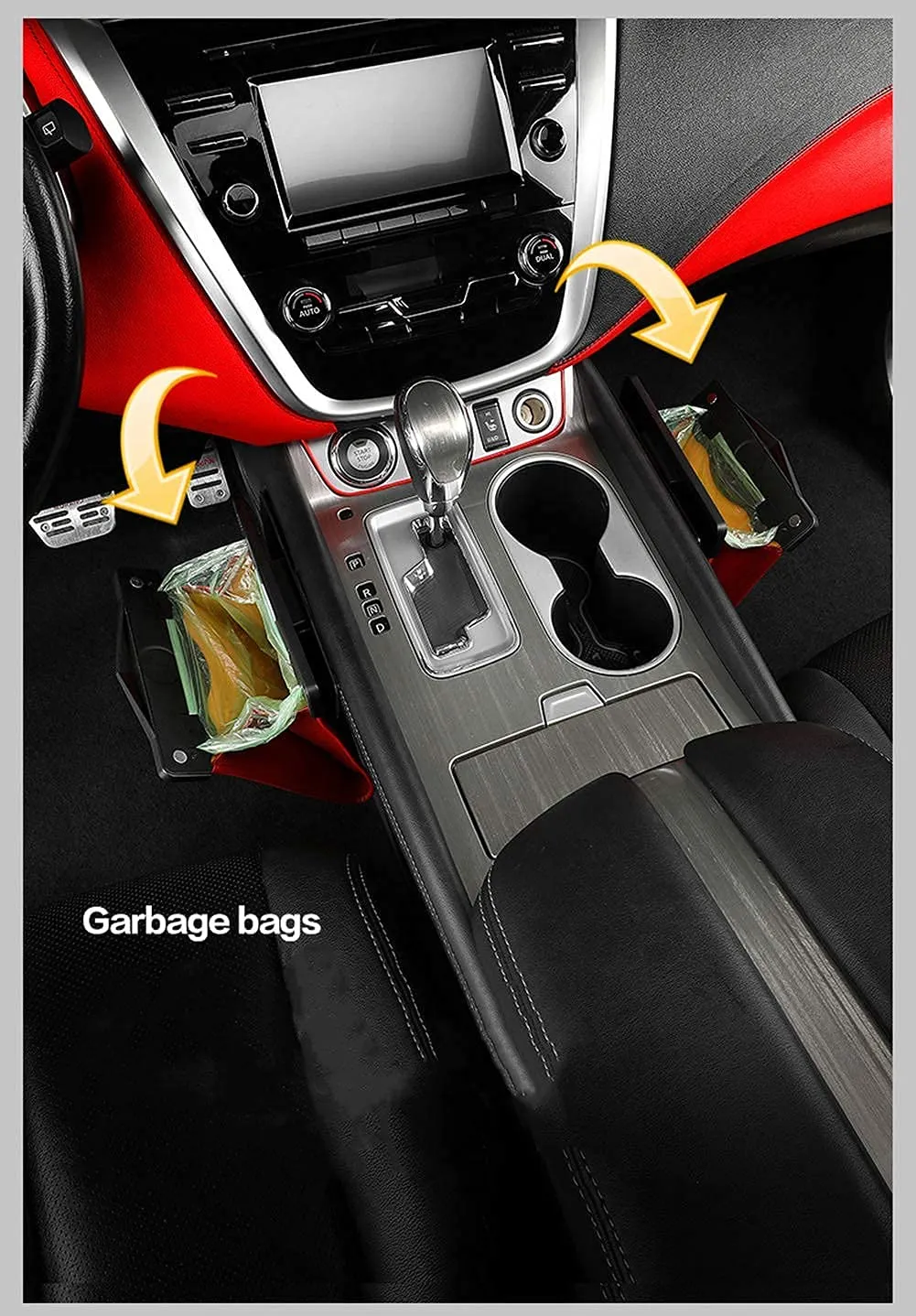 Car Trash Bag, Superior PU Leather with LED Light and Magnet Closure Design, Bundle with Tissue Box and 30 Disposable Inner Garbage Bags, Waterproof Vehicle Rubbish Container Garbage Can