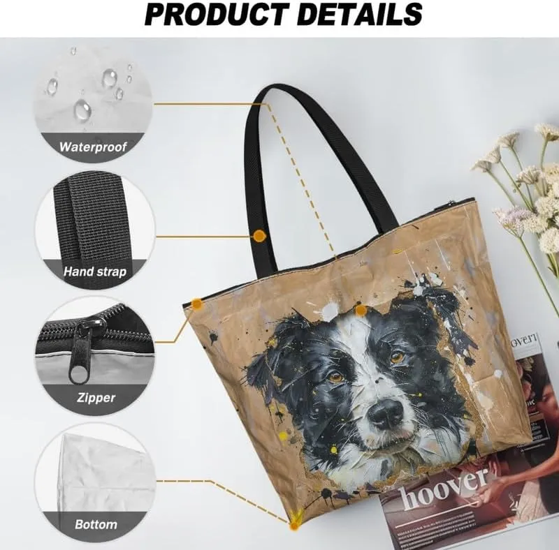 Carton Border Collie Dupont Paper Tote Bags Ladybug Daisy Reusable Handbag USA Flag Skull Shoulder Bag Shopping Work