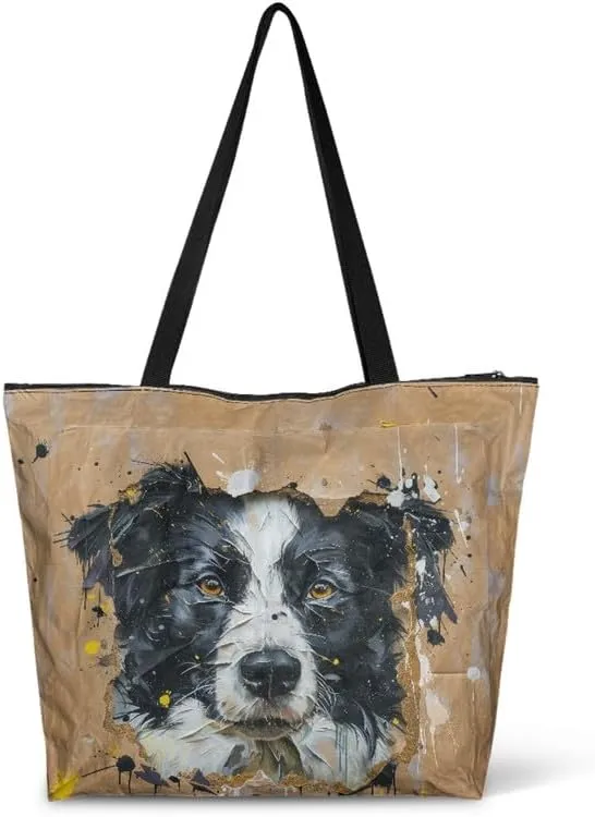 Carton Border Collie Dupont Paper Tote Bags Ladybug Daisy Reusable Handbag USA Flag Skull Shoulder Bag Shopping Work