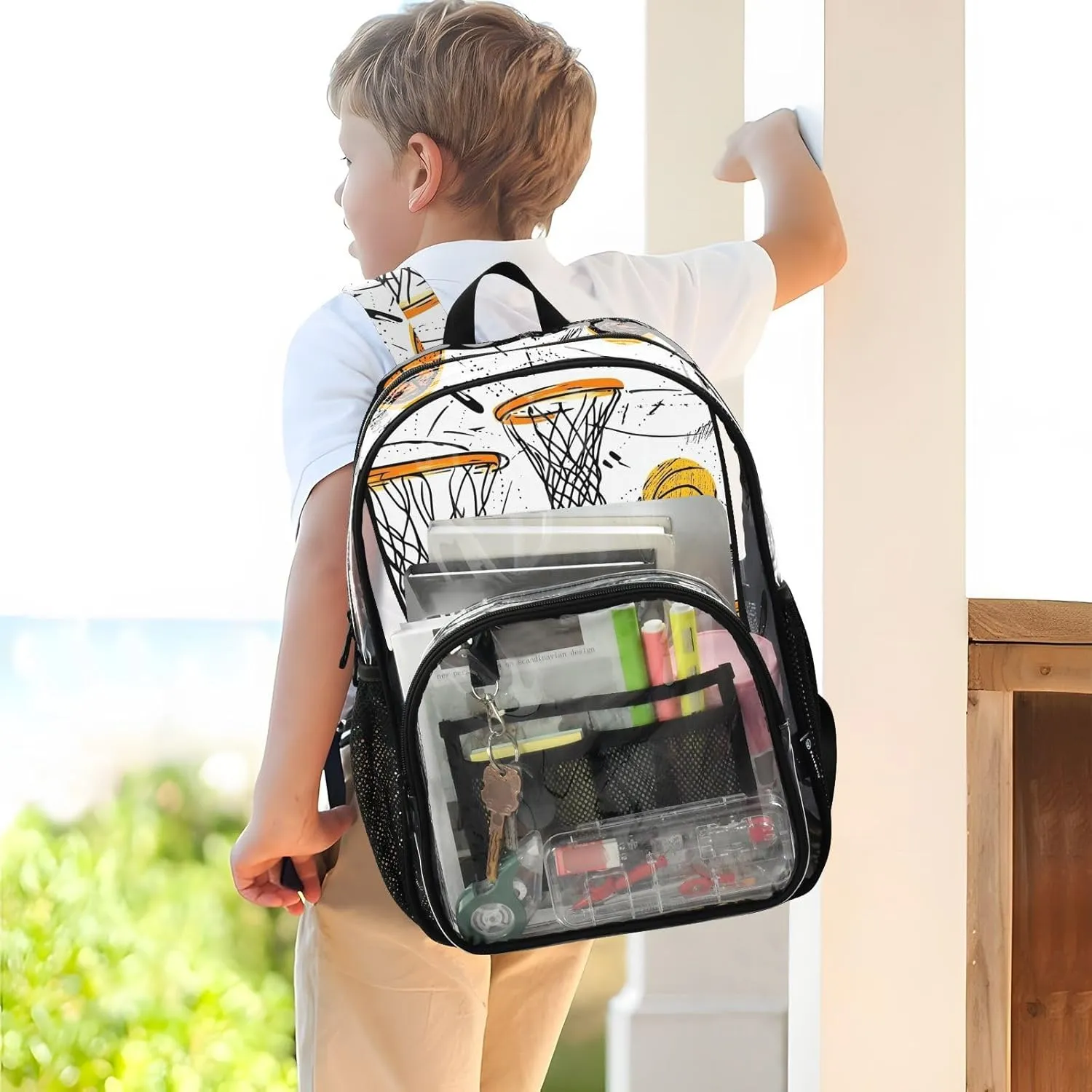 Cartoon Basketball White Clear Backpack For High School Clear Backpack For High School For Girls Transparent Heavy Duty Bags