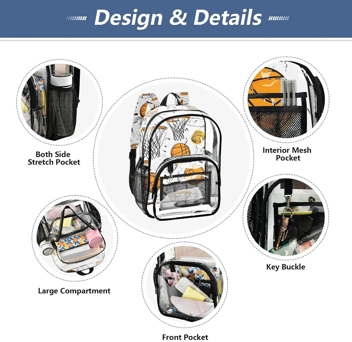 Cartoon Basketball White Clear Backpack For High School Clear Backpack For High School For Girls Transparent Heavy Duty Bags
