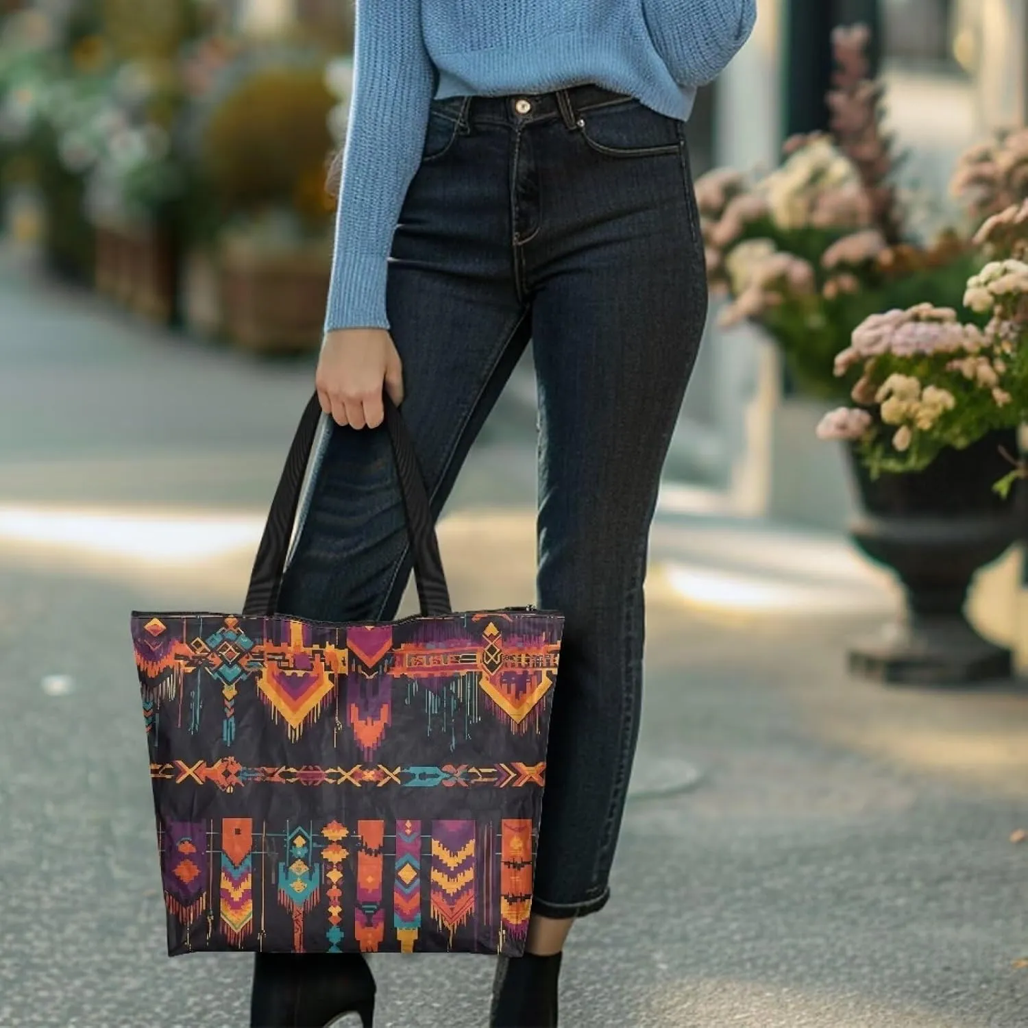 Cartoon Cat Leopard 14" Women Tote Paper Bag, Gothic Rose Shoulder Bag, Watercolor Sunflower Pineapple Commute Bag