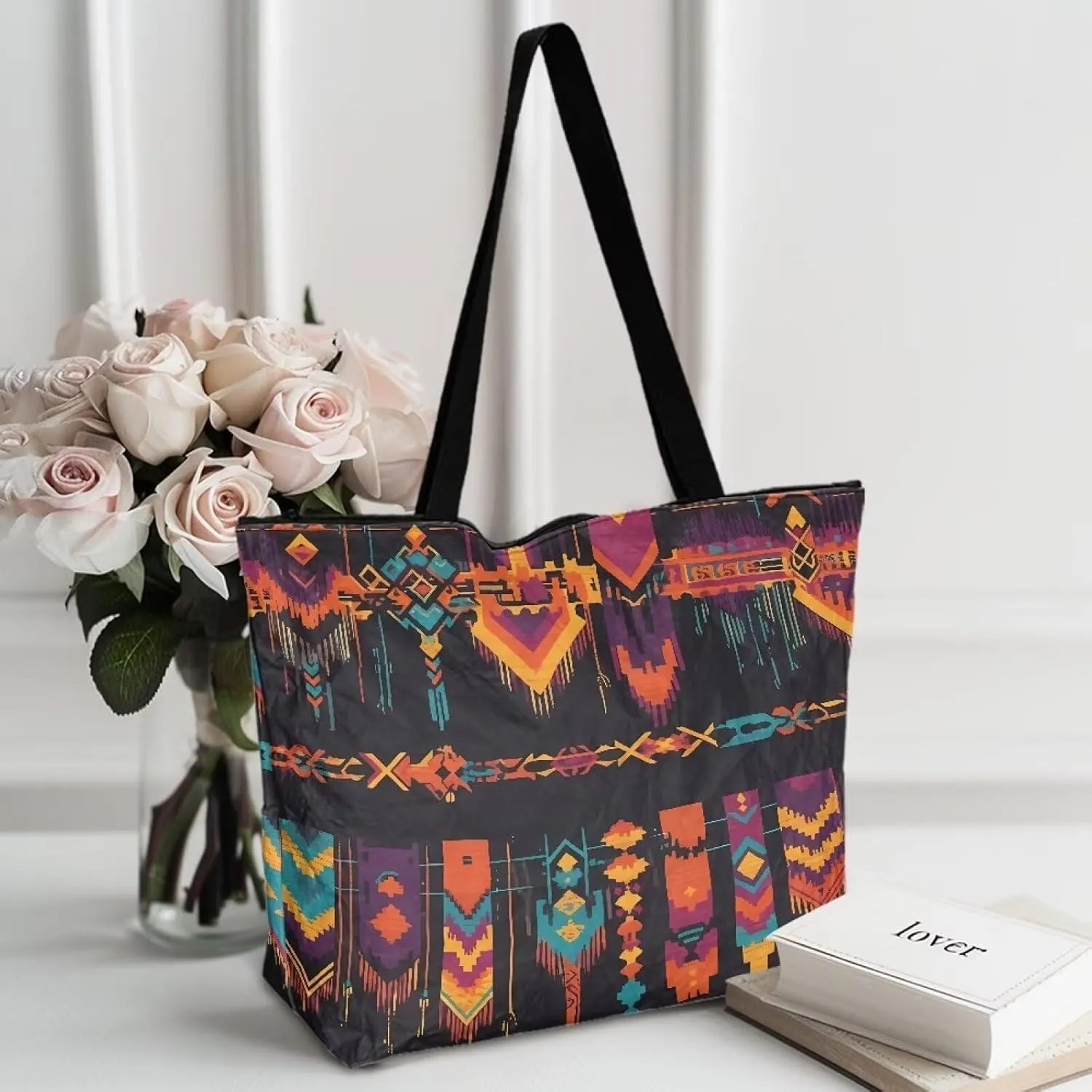 Cartoon Cat Leopard 14" Women Tote Paper Bag, Gothic Rose Shoulder Bag, Watercolor Sunflower Pineapple Commute Bag