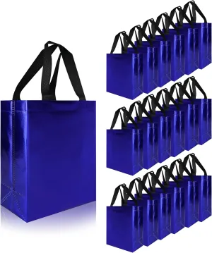 CHENGBAI TOTE Glossy Reusable Gift Bags 18 pcs, Glossy Blue Tote Bulk with Black Handles & Base, Christmas Bags for Birthday, Wedding, Easter, Holiday -7.9 x 4 x 9.7 In