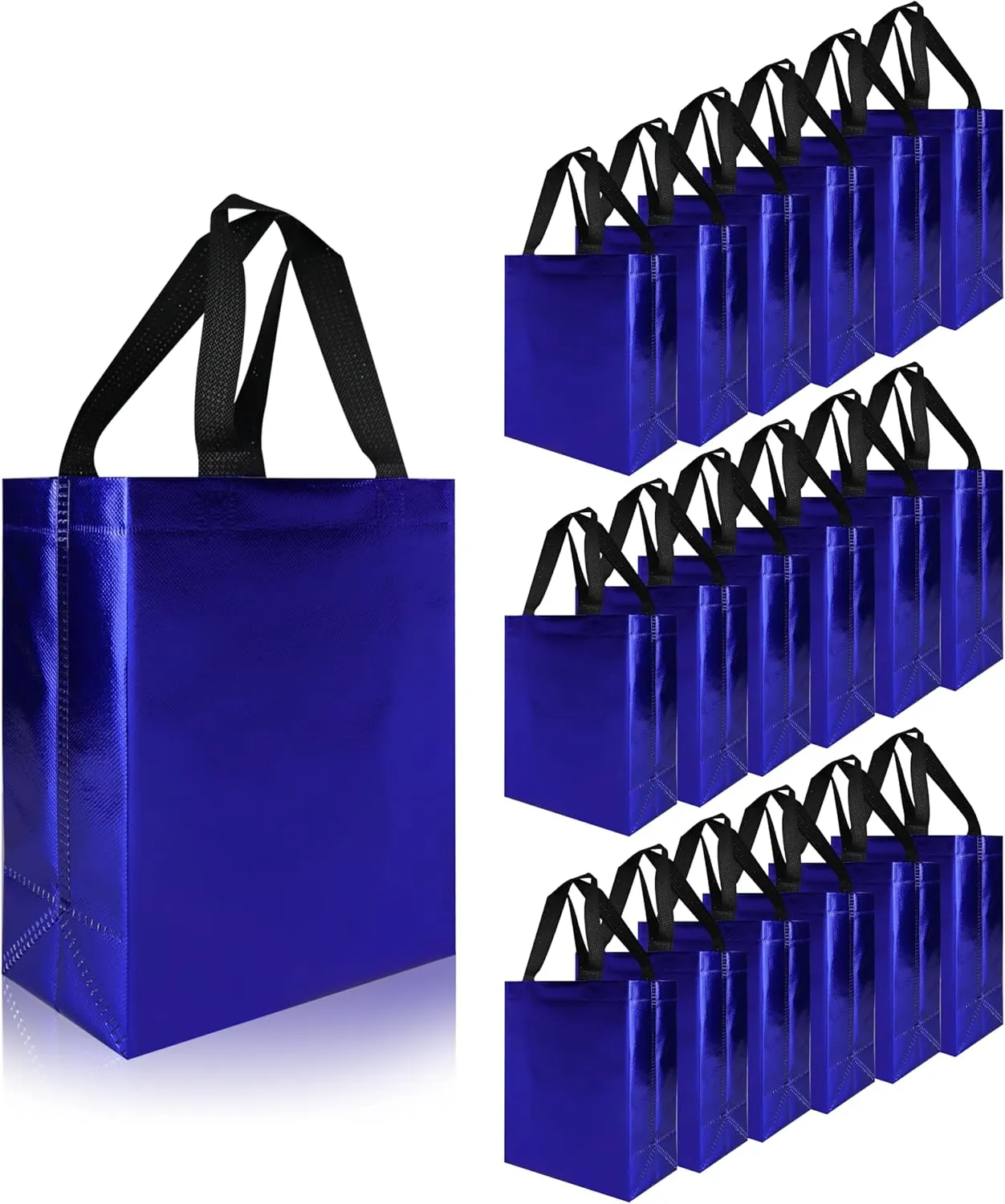 CHENGBAI TOTE Glossy Reusable Gift Bags 18 pcs, Glossy Blue Tote Bulk with Black Handles & Base, Christmas Bags for Birthday, Wedding, Easter, Holiday -7.9 x 4 x 9.7 In