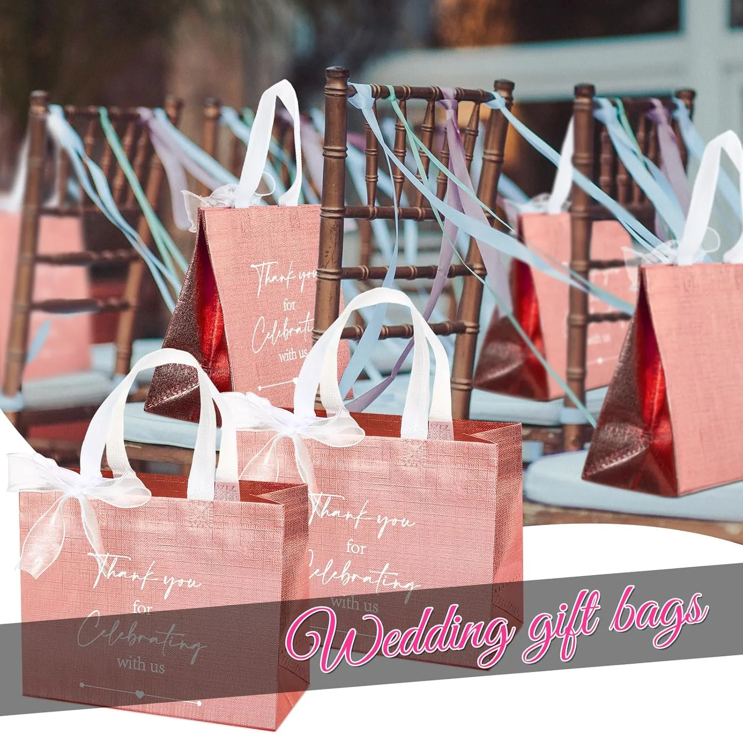 CHENGU 100 Pcs Thank You for Celebrating with Us Wedding Gift Bags for Hotel Guests Bulk Welcome Bags Reusable Non Woven Tote with Handle for Bridal Shower Party Favor(Rose Gold)