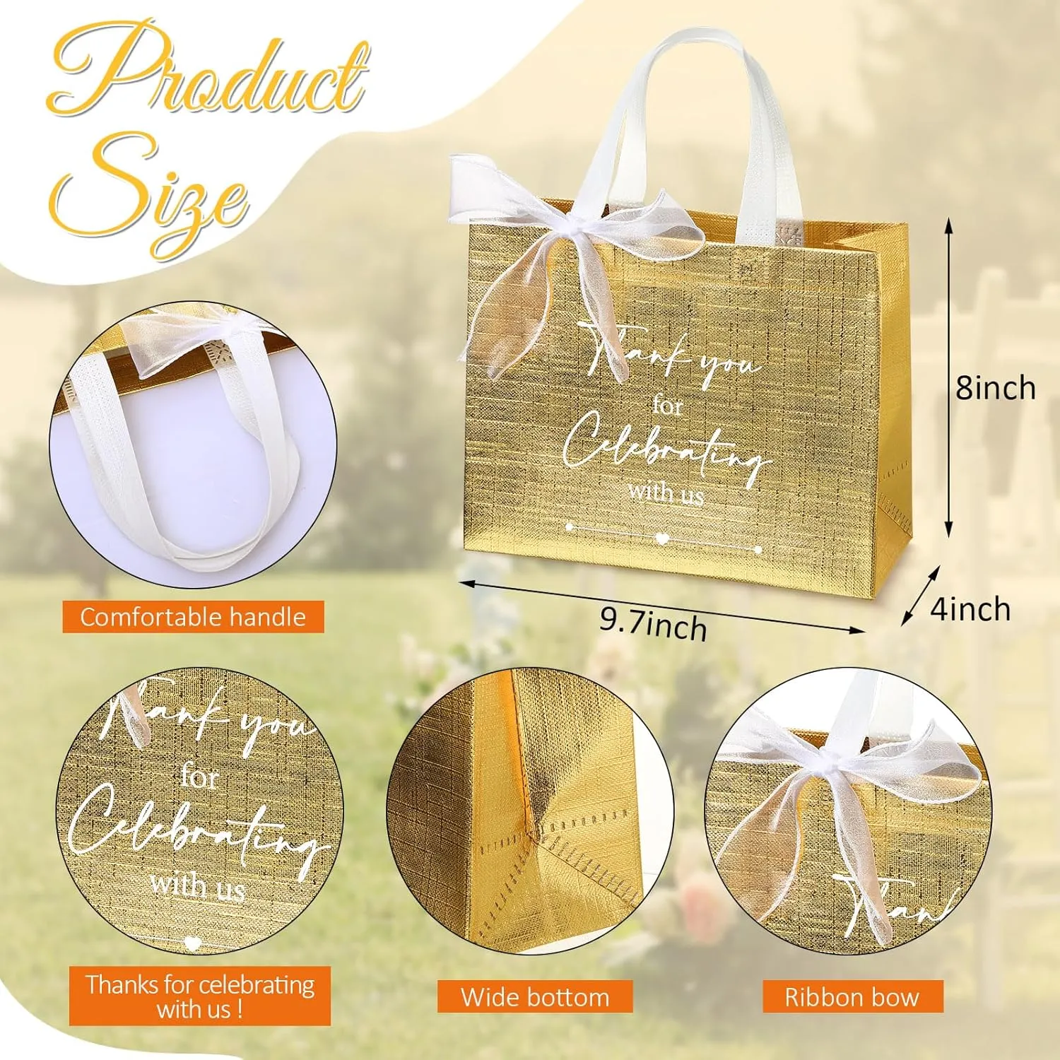 CHENGU 50 Pcs Thank You Gift Bags Thank You for Celebrating with Us Wedding Gift Bag Welcome Bag Birthday Glossy Tote Ribbon Reusable Bag for Hotel Guest Bachelorette Party Bridal Shower(Gold)