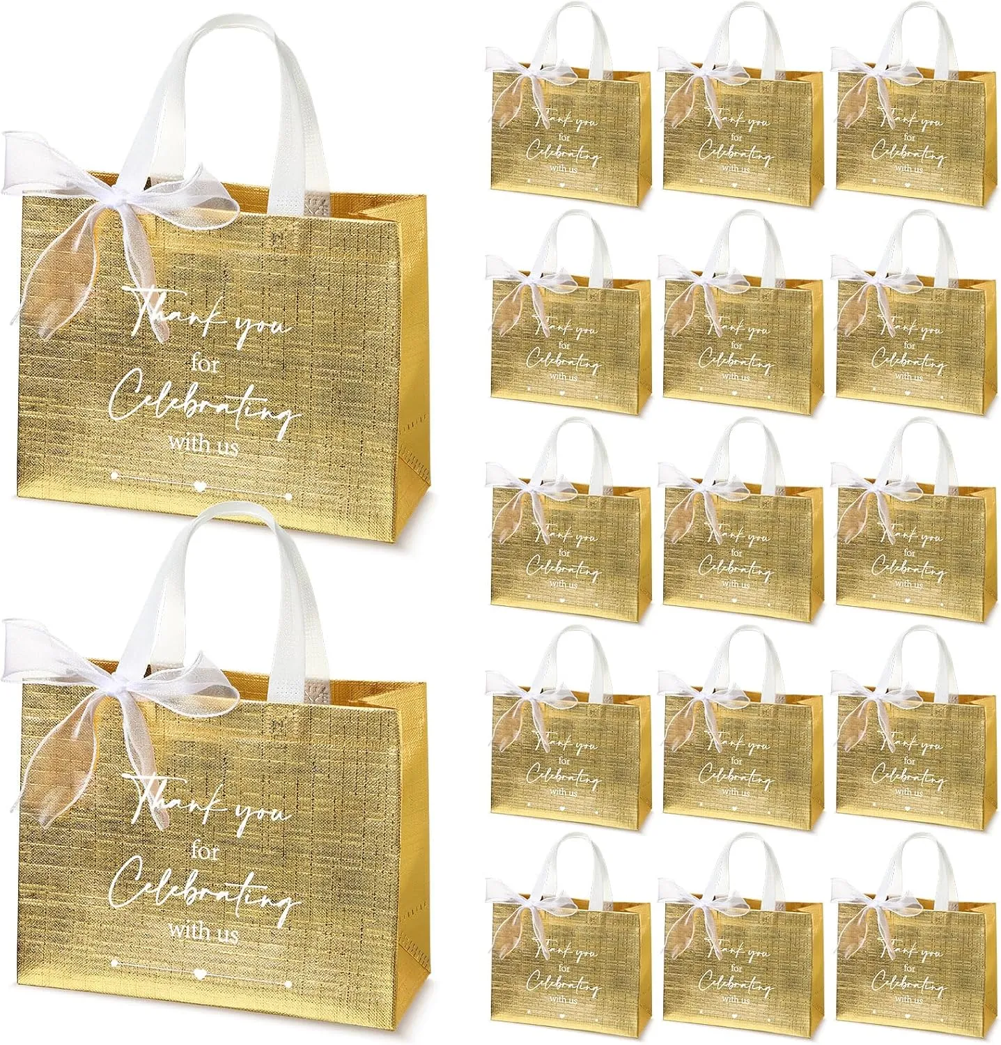 CHENGU 50 Pcs Thank You Gift Bags Thank You for Celebrating with Us Wedding Gift Bag Welcome Bag Birthday Glossy Tote Ribbon Reusable Bag for Hotel Guest Bachelorette Party Bridal Shower(Gold)