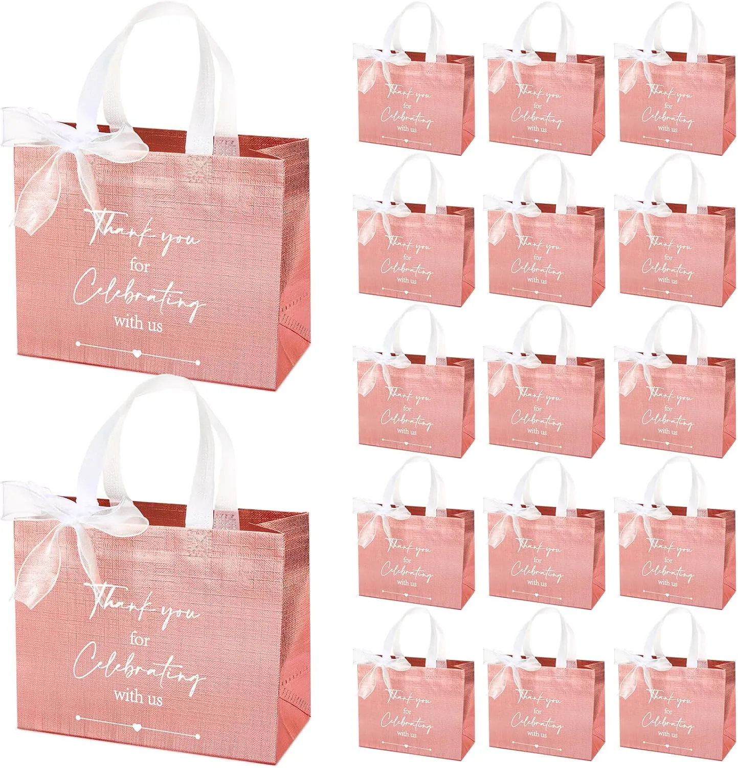 CHENGU 50 Pcs Thank You Gift Bags Thank You for Celebrating with Us Wedding Gift Bag Welcome Bag Birthday Glossy Tote Ribbon Reusable Bag for Hotel Guest Bachelorette Party Bridal Shower(Rose Gold)