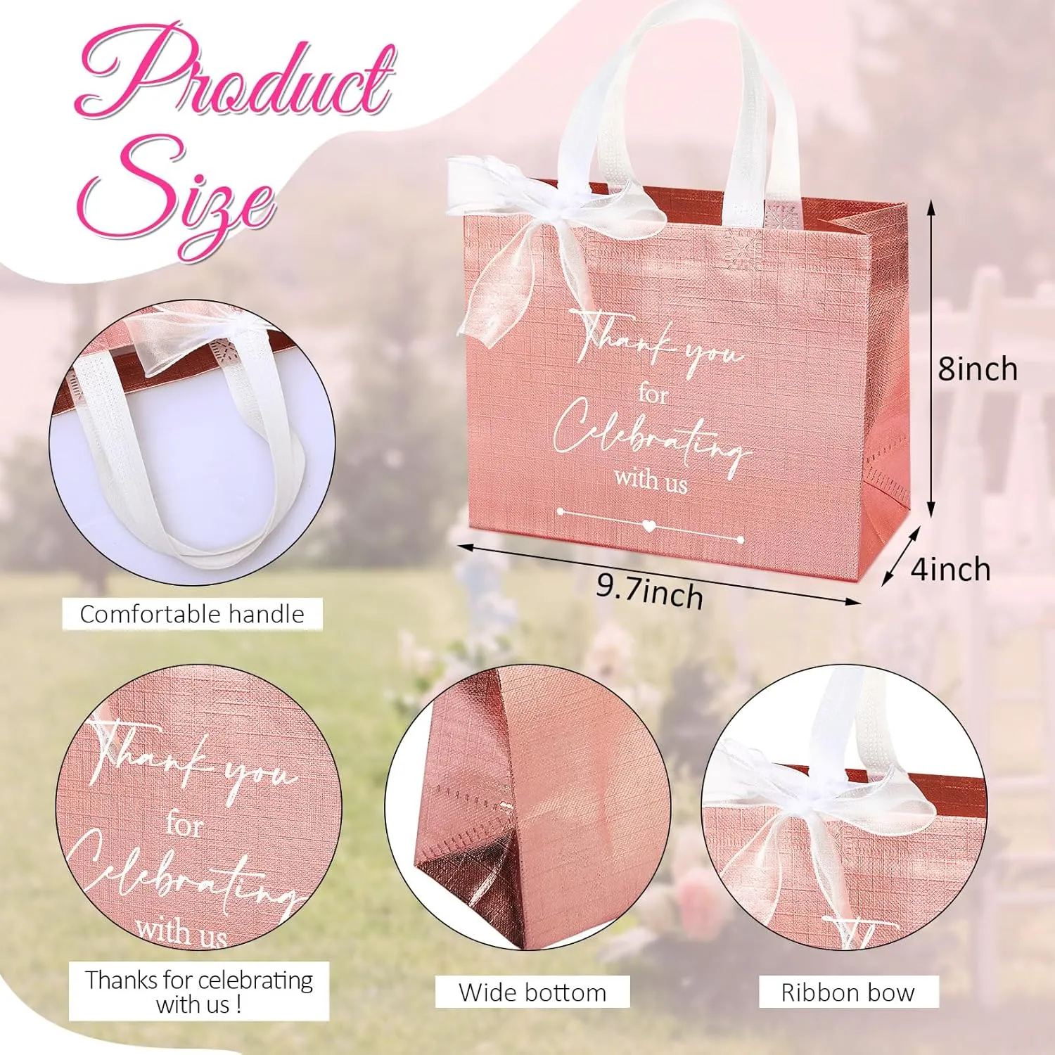 CHENGU 50 Pcs Thank You Gift Bags Thank You for Celebrating with Us Wedding Gift Bag Welcome Bag Birthday Glossy Tote Ribbon Reusable Bag for Hotel Guest Bachelorette Party Bridal Shower(Rose Gold)