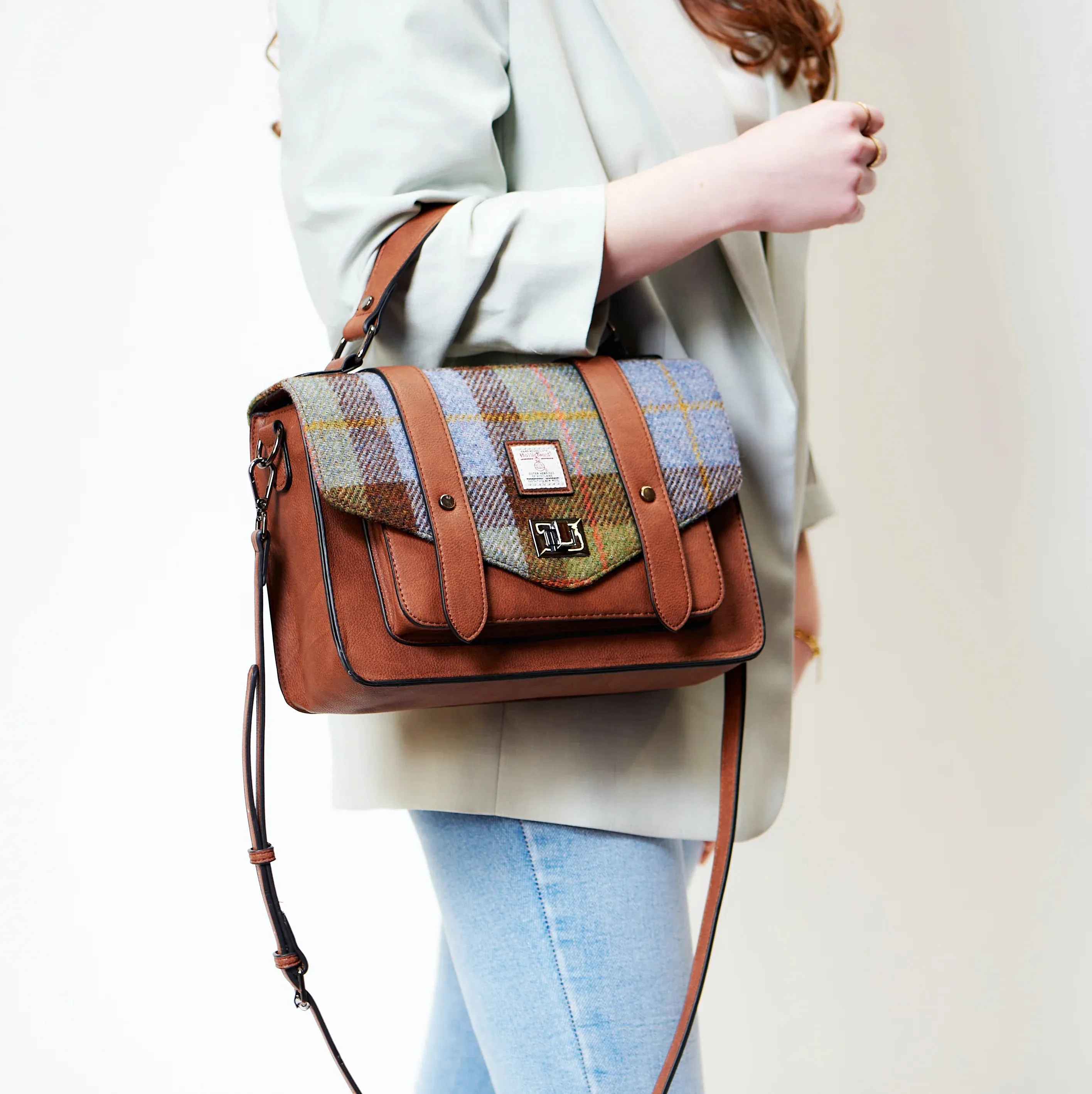 Chestnut & Blue Tartan Satchels with Harris® Tweed