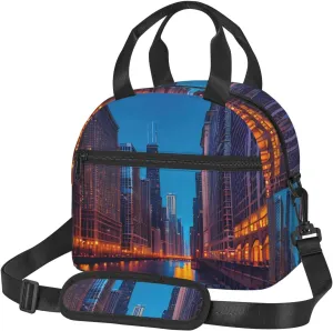 Chicago Night Print Lunch Bag Adult Lunch Box for Women and Men with Adjustable Shoulder Adult Tote Bags