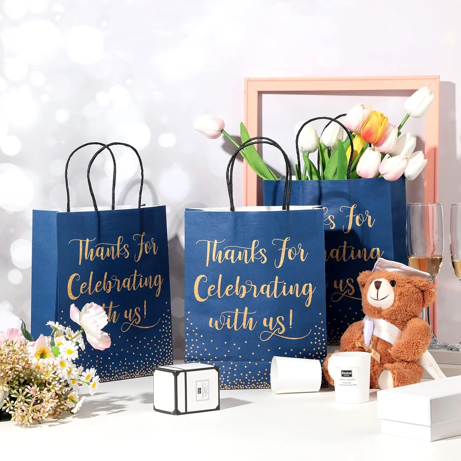 Chinco 30 Pcs Blue Wedding Welcome Gift Bags for Guests Gold Foil Thanks for Celebrating with Us with Handle Bridal Shower Gift Bags for Church Visitors Bridal Party Favor