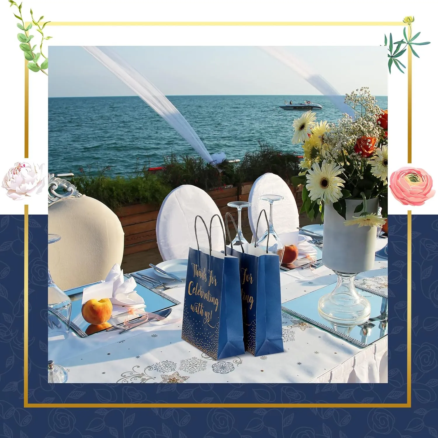 Chinco 30 Pcs Blue Wedding Welcome Gift Bags for Guests Gold Foil Thanks for Celebrating with Us with Handle Bridal Shower Gift Bags for Church Visitors Bridal Party Favor