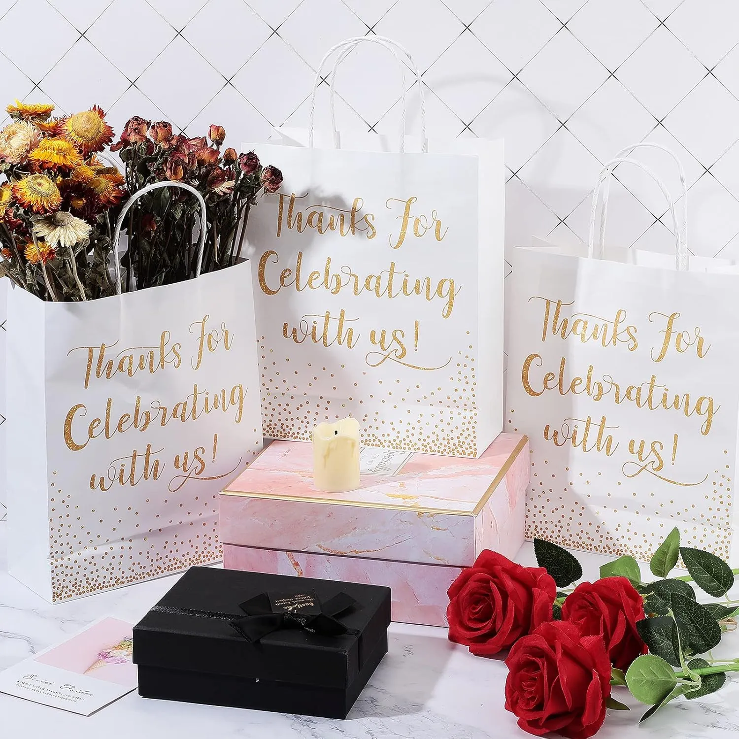 Chinco 30 Pcs Wedding Welcome Gift Bags Hotel Guests Thanks for Celebrating with Us Gold Paper Gift Bag Medium Size with Handle for Bridal Shower Party Favor(10 x 8 x 3 Inch,White)