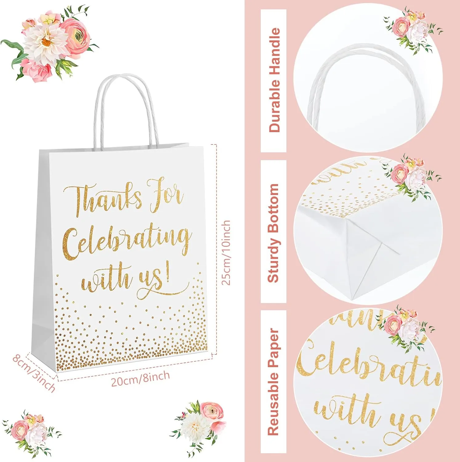 Chinco 30 Pcs Wedding Welcome Gift Bags Hotel Guests Thanks for Celebrating with Us Gold Paper Gift Bag Medium Size with Handle for Bridal Shower Party Favor(10 x 8 x 3 Inch,White)