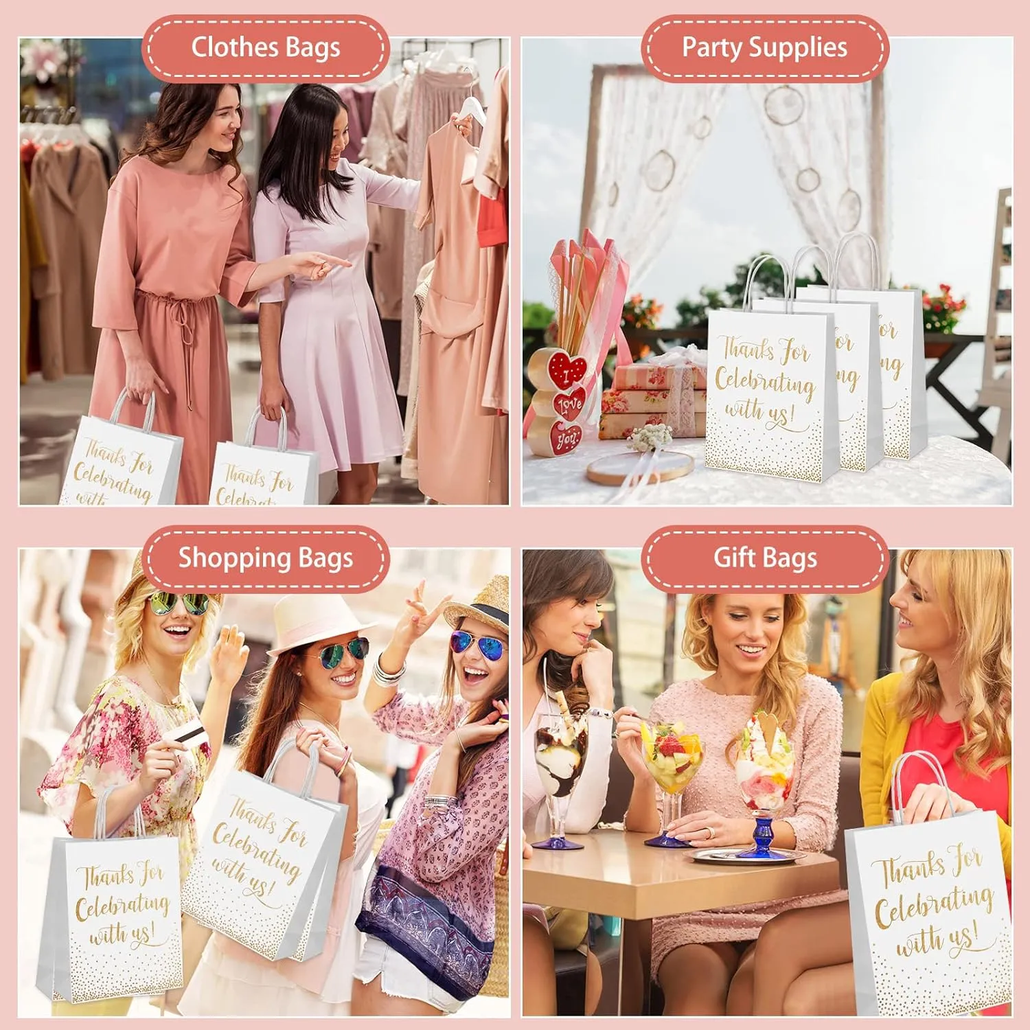 Chinco 30 Pcs Wedding Welcome Gift Bags Hotel Guests Thanks for Celebrating with Us Gold Paper Gift Bag Medium Size with Handle for Bridal Shower Party Favor(10 x 8 x 3 Inch,White)