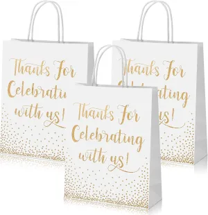 Chinco 30 Pcs Wedding Welcome Gift Bags Hotel Guests Thanks for Celebrating with Us Gold Paper Gift Bag Medium Size with Handle for Bridal Shower Party Favor(10 x 8 x 3 Inch,White)