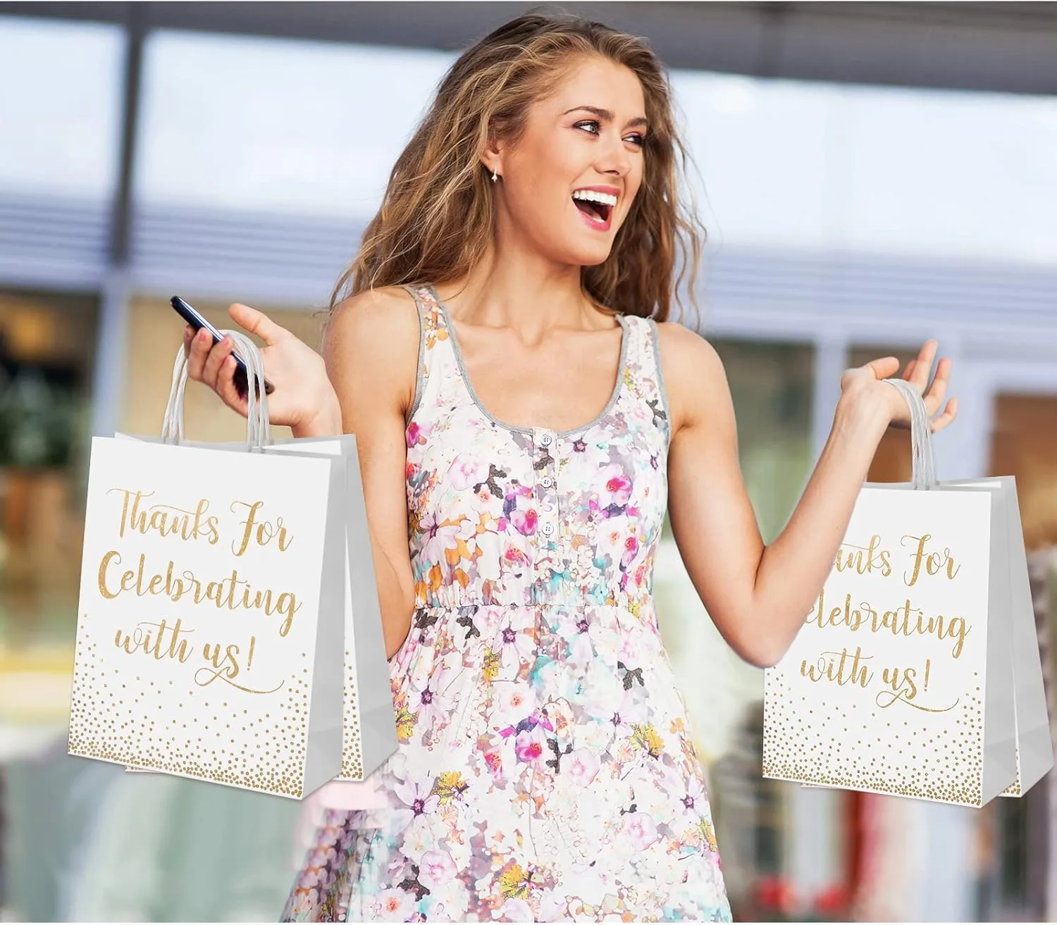 Chinco 30 Pcs Wedding Welcome Gift Bags Hotel Guests Thanks for Celebrating with Us Gold Paper Gift Bag Medium Size with Handle for Bridal Shower Party Favor(10 x 8 x 3 Inch,White)