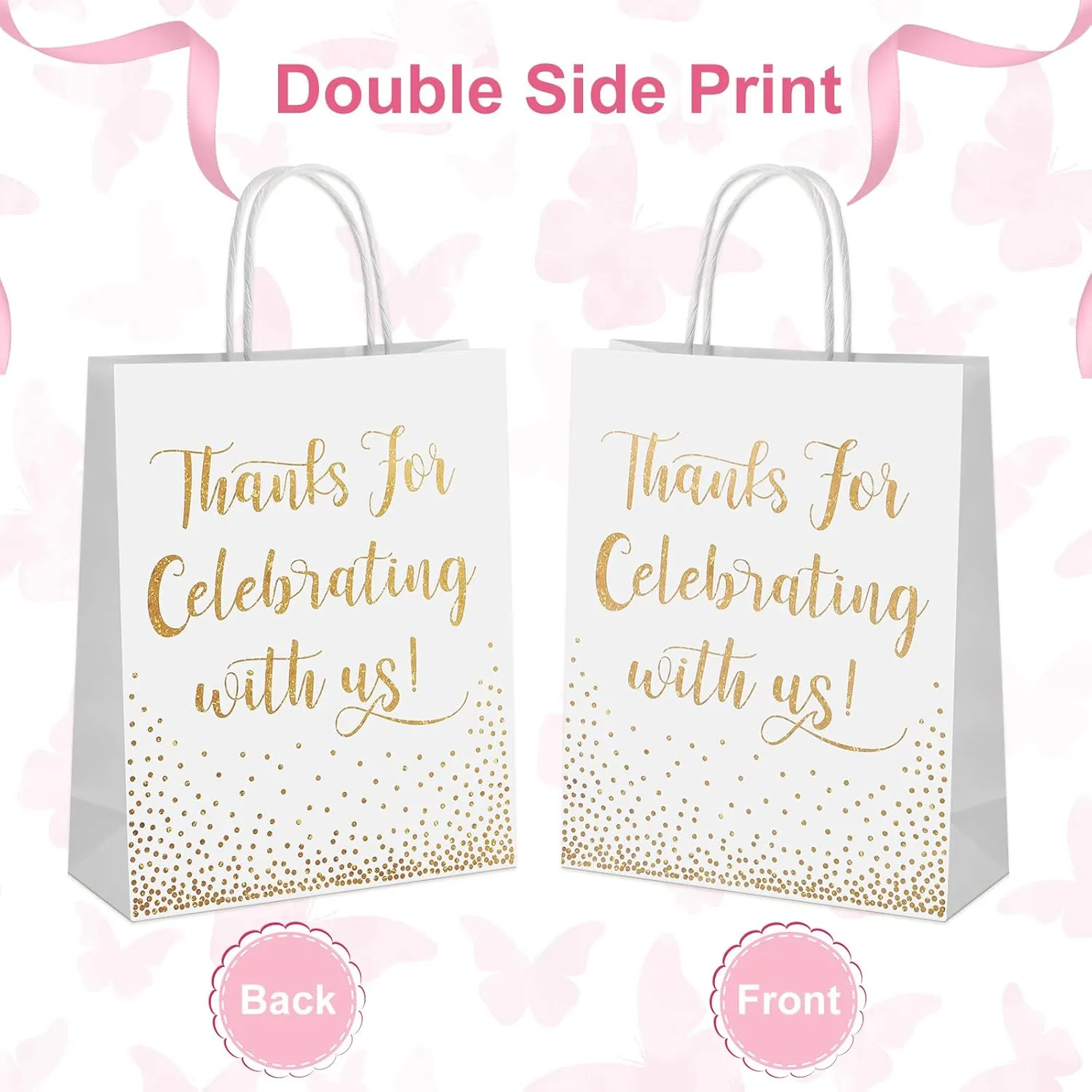 Chinco 30 Pcs Wedding Welcome Gift Bags Hotel Guests Thanks for Celebrating with Us Gold Paper Gift Bag Medium Size with Handle for Bridal Shower Party Favor(10 x 8 x 3 Inch,White)