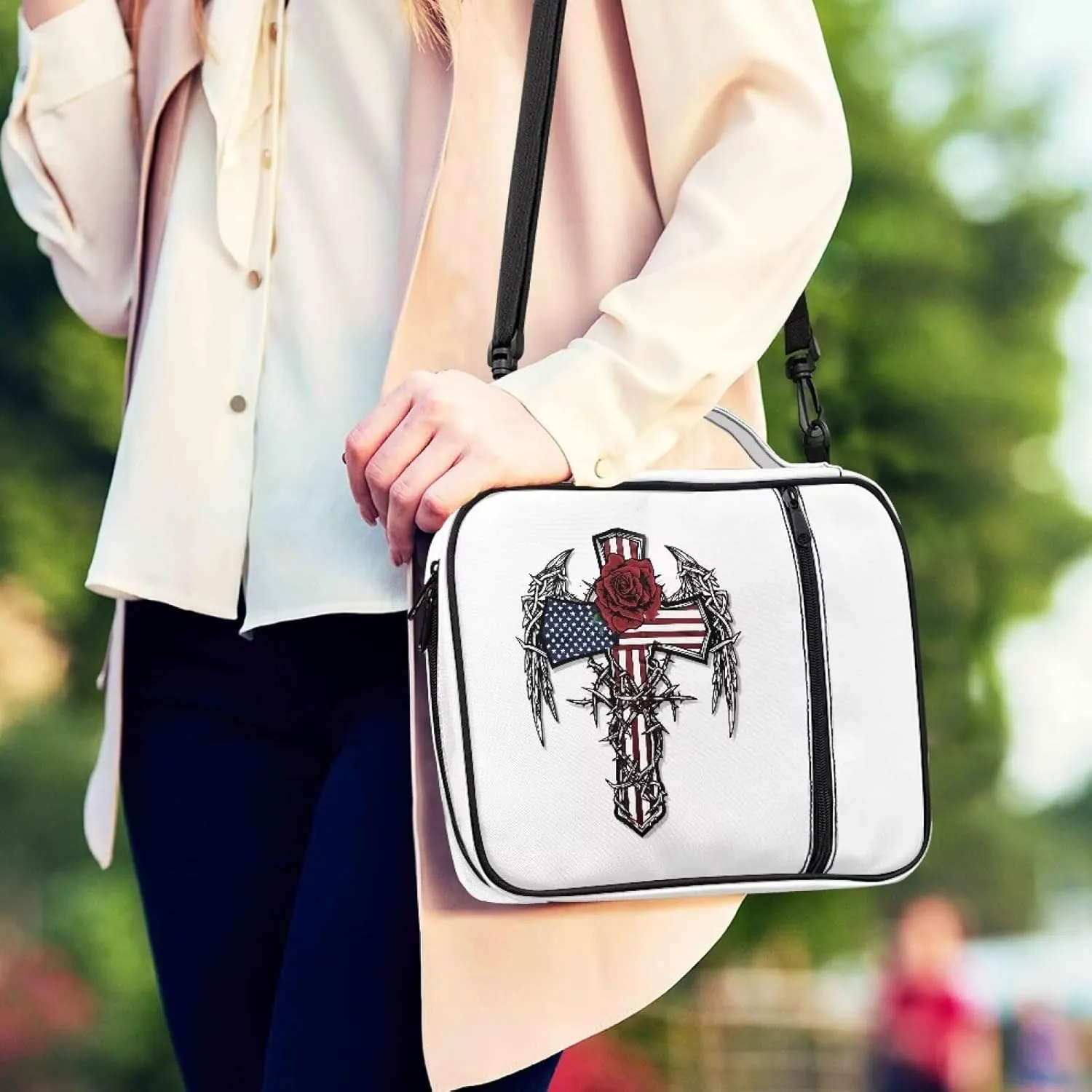 Christian Print Bible Cover,Polyester Bible Case for Women,Cross Floral Print Bible Book Cover with Shoulder Strap
