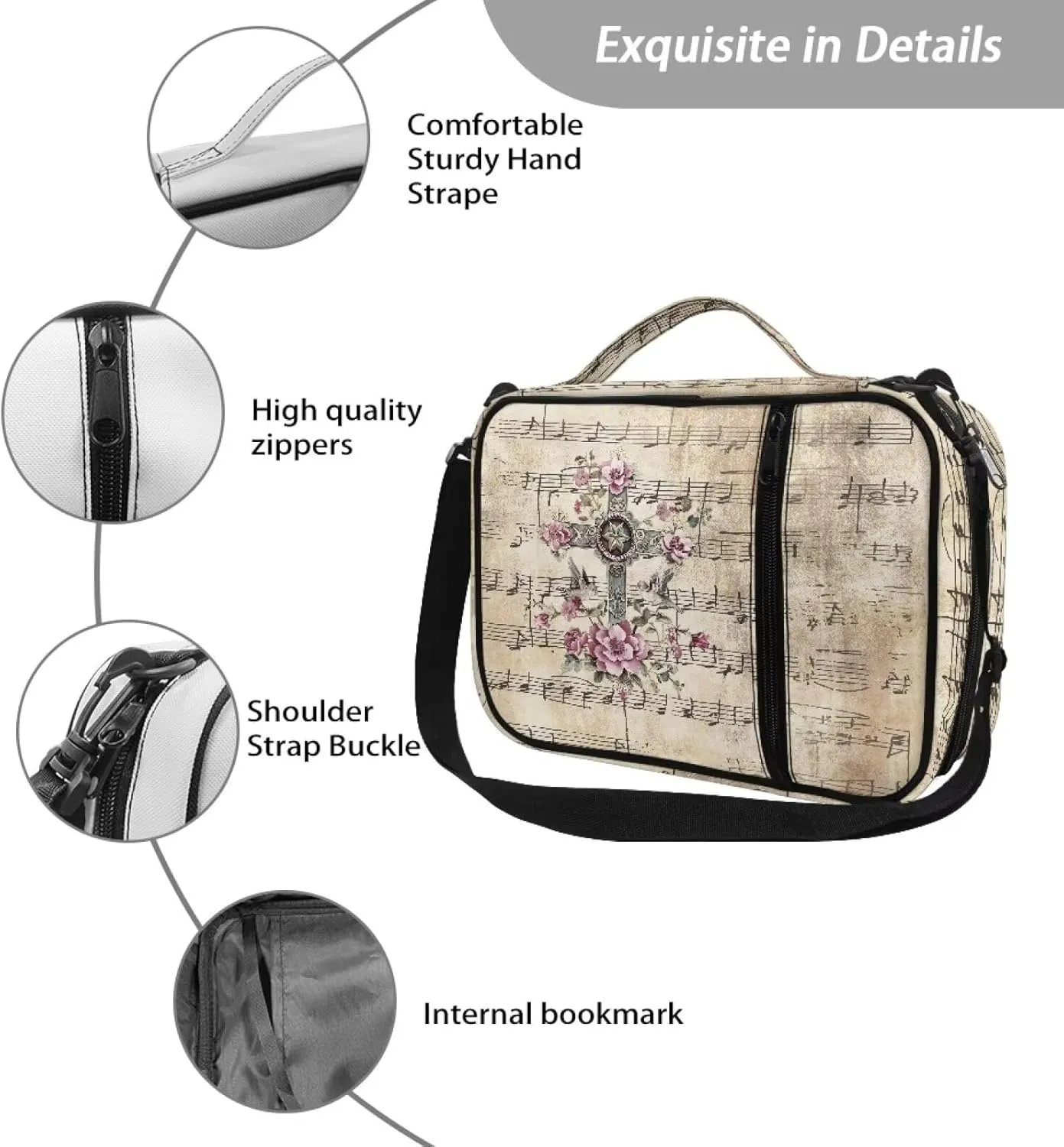 Christian Print Bible Cover,Polyester Bible Case for Women,Cross Floral Print Bible Book Cover with Shoulder Strap