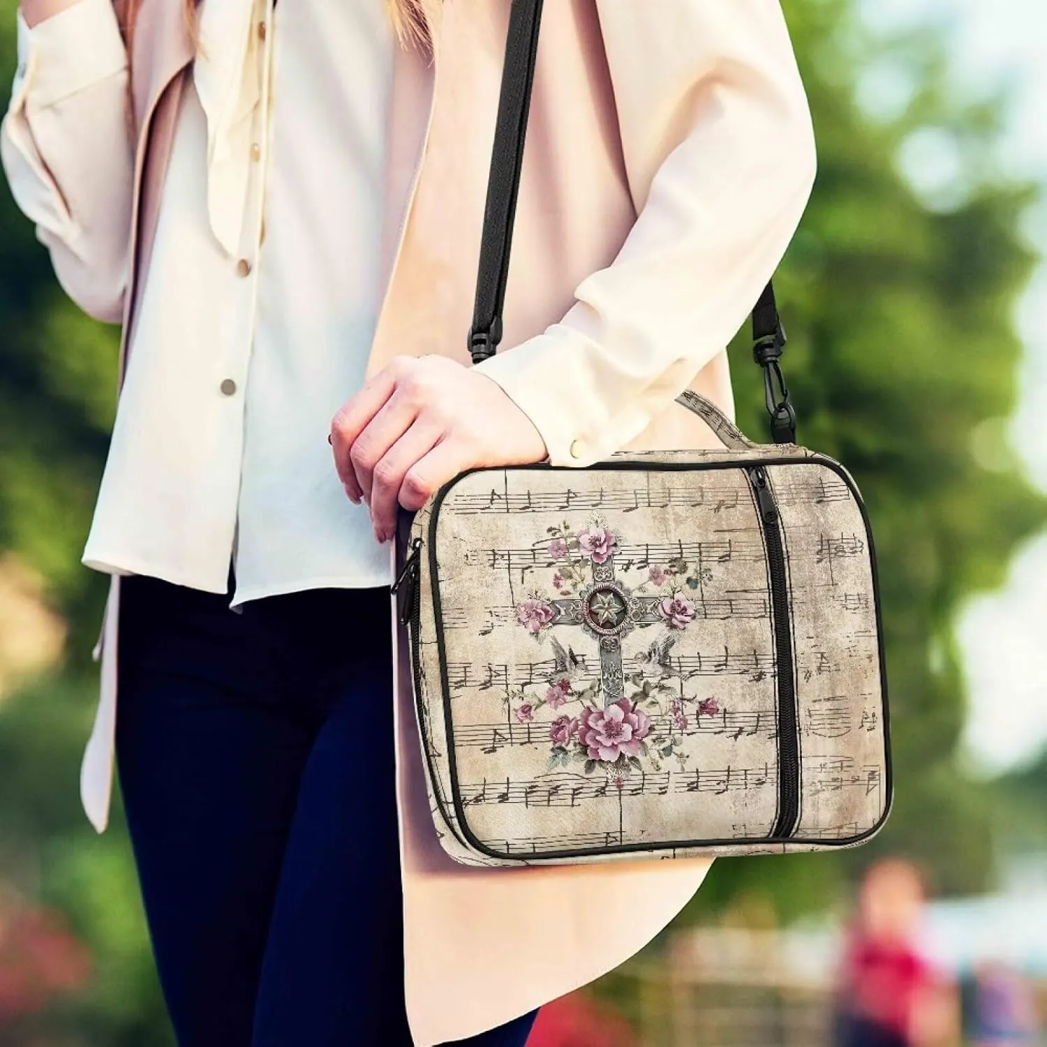 Christian Print Bible Cover,Polyester Bible Case for Women,Cross Floral Print Bible Book Cover with Shoulder Strap