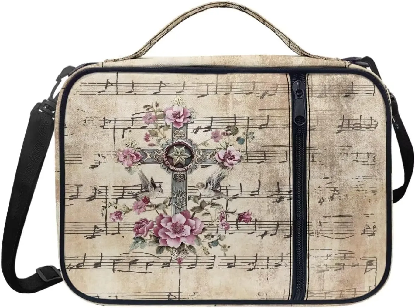 Christian Print Bible Cover,Polyester Bible Case for Women,Cross Floral Print Bible Book Cover with Shoulder Strap