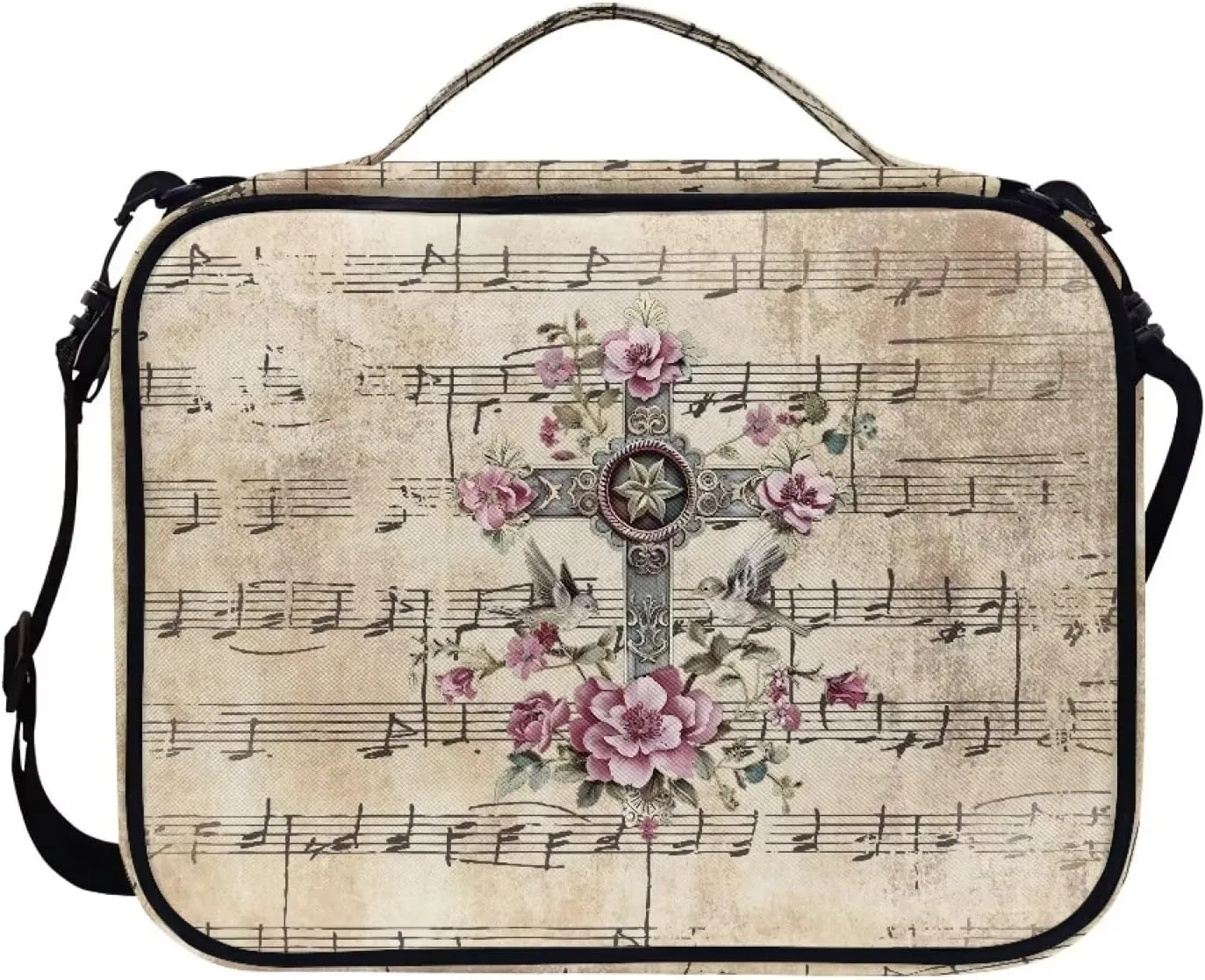 Christian Print Bible Cover,Polyester Bible Case for Women,Cross Floral Print Bible Book Cover with Shoulder Strap