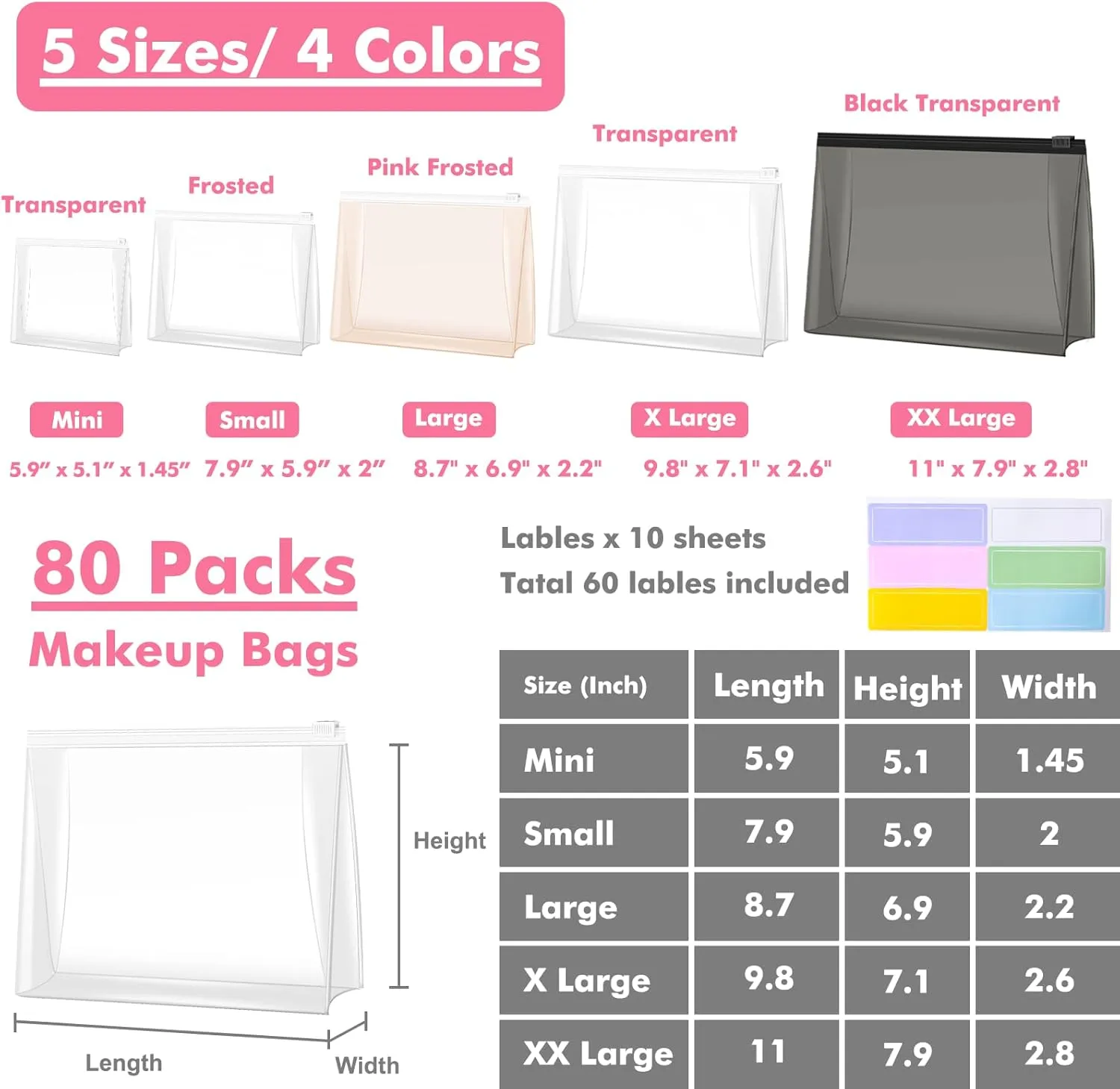 Circloophs 80 Pack Clear Makeup Bag Organizer Cosmetic Zipper Pouch Small Travel Pouches for Toiletries Transparent EVA Reusable Wash Bags Waterproof Plastic Clear Gift Bags Bulk, 9.8 x 7.1 x 2.6 In