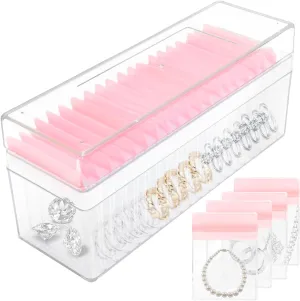 Clear Acrylic Jewelry Box with 20 Pink Portable Anti Tarnish Jewelry Bags, Travel Jewelry Case for Earrings/Ring/Necklaces, Jewelry Holder Organizer Box for Women, Girls