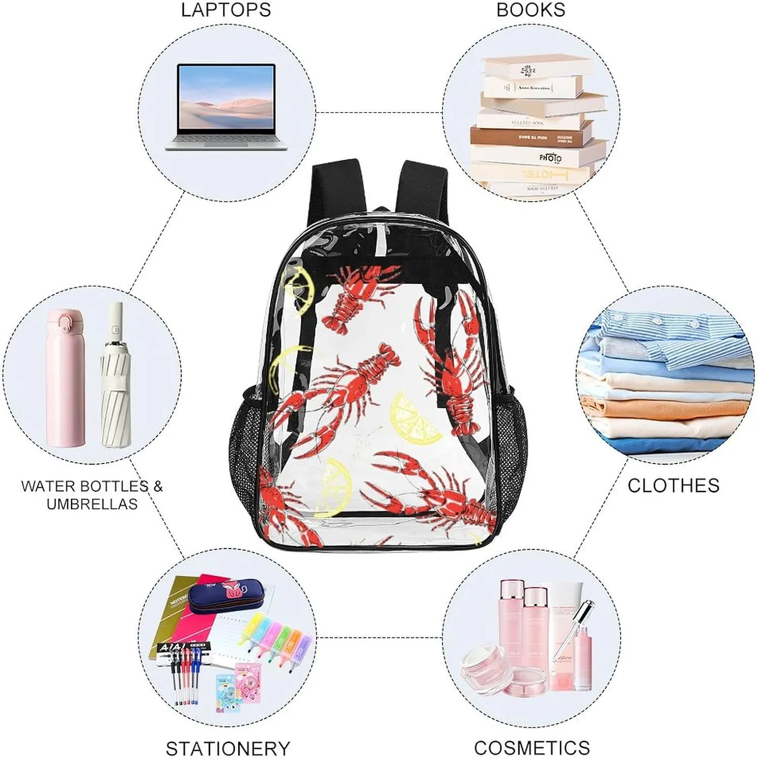 Clear Backpack for Stadium Events Concert Summer Crayfish Lemon Waterproof Heavy Duty for Adult Women Men Clear Transparent Bag for Sport Event Work