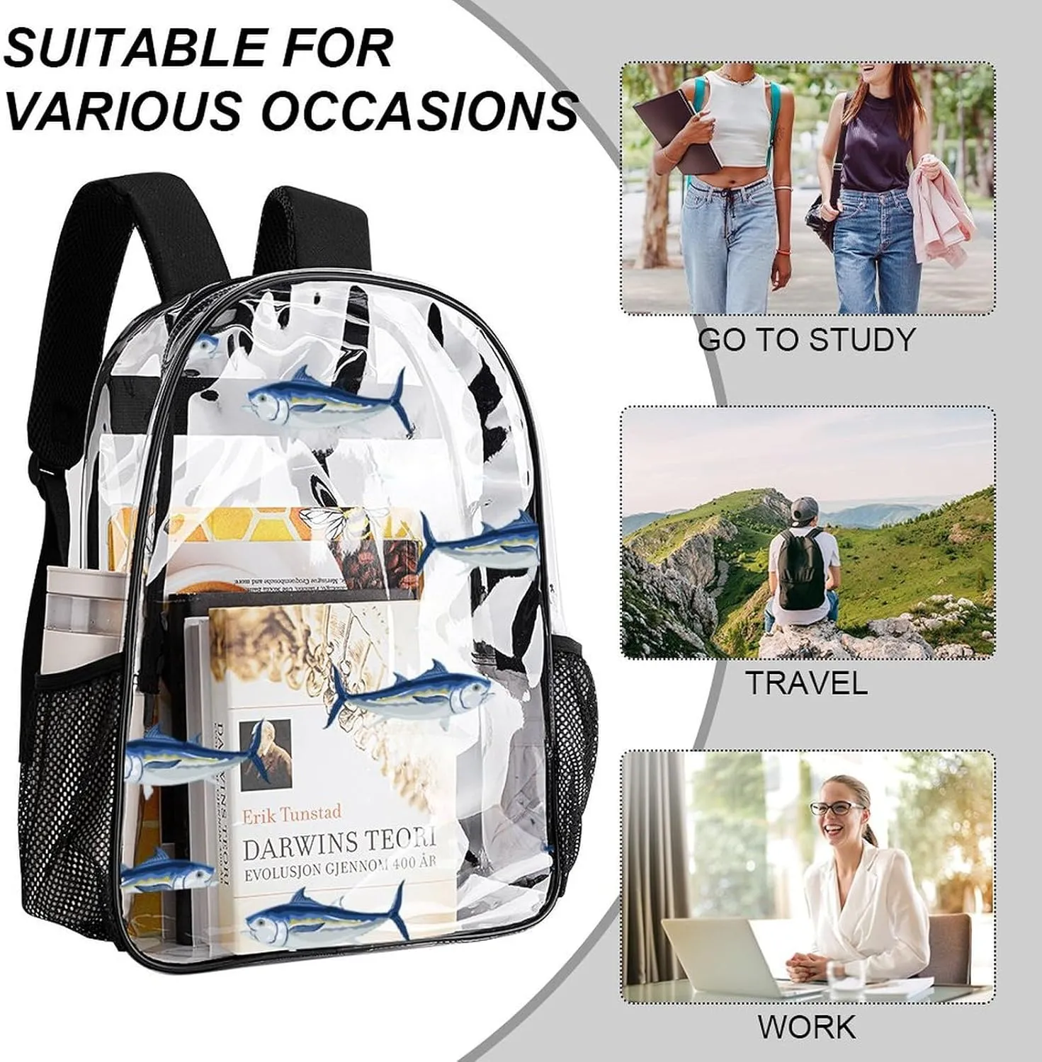 Clear Backpack Heavy Duty Blue Sea Tuna Fish 16 Inch for Stadium Events Concert Travel Work Sport Hiking Cute Summer Waterproof Sturdy Transparent Bag for Men Women