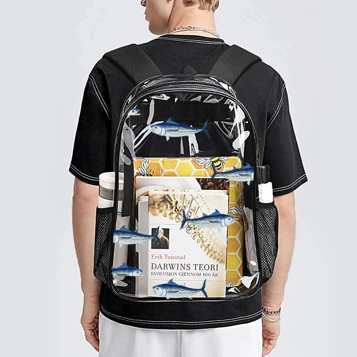 Clear Backpack Heavy Duty Blue Sea Tuna Fish 16 Inch for Stadium Events Concert Travel Work Sport Hiking Cute Summer Waterproof Sturdy Transparent Bag for Men Women