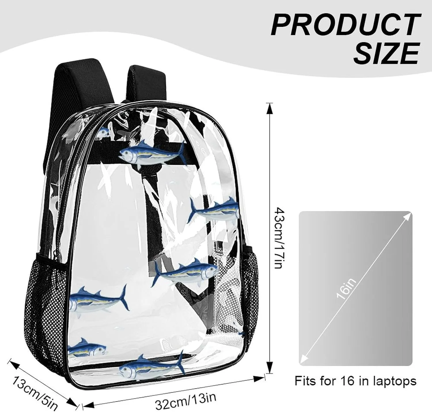 Clear Backpack Heavy Duty Blue Sea Tuna Fish 16 Inch for Stadium Events Concert Travel Work Sport Hiking Cute Summer Waterproof Sturdy Transparent Bag for Men Women